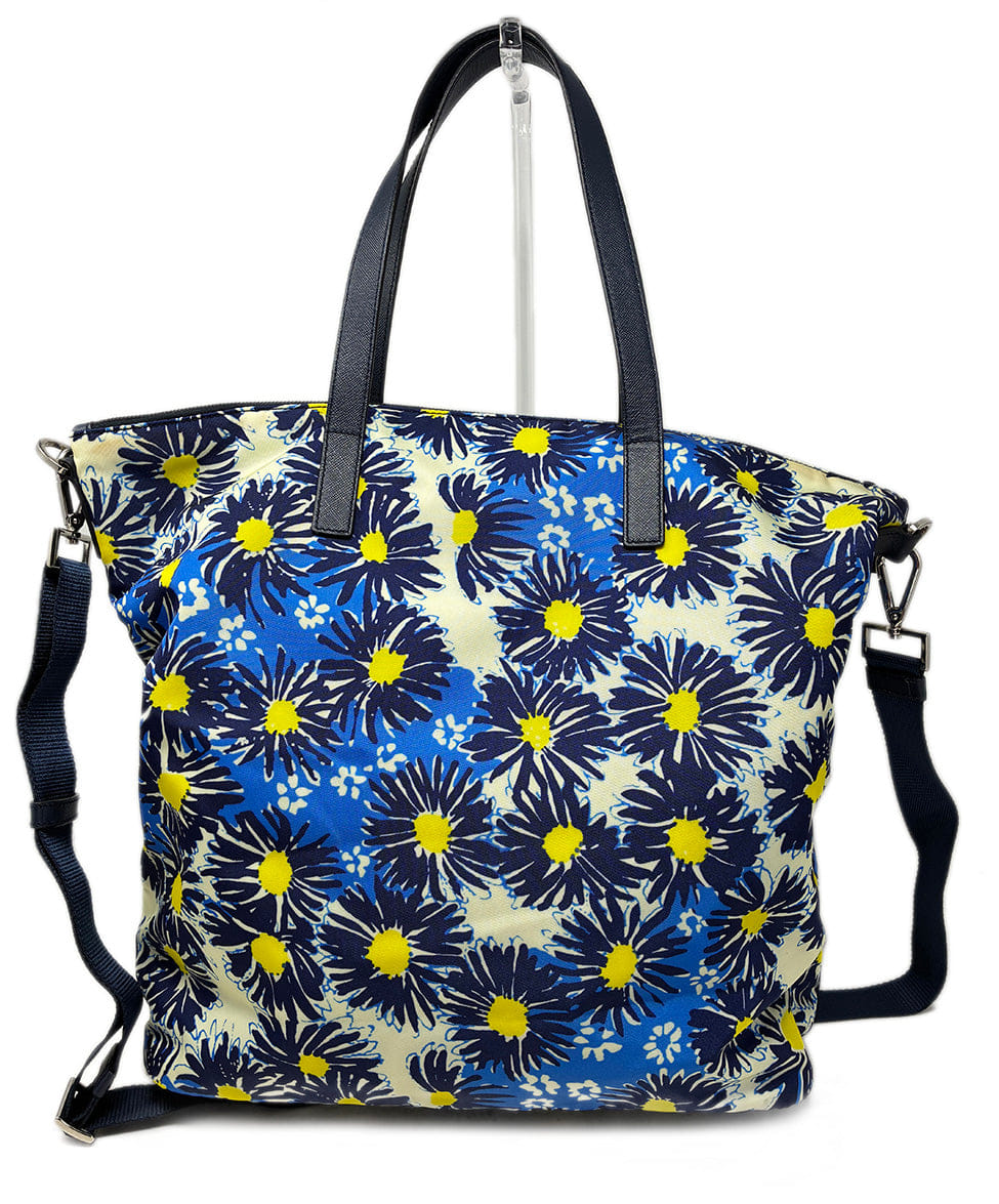 Prada Blue and Yellow Floral Nylon Tote