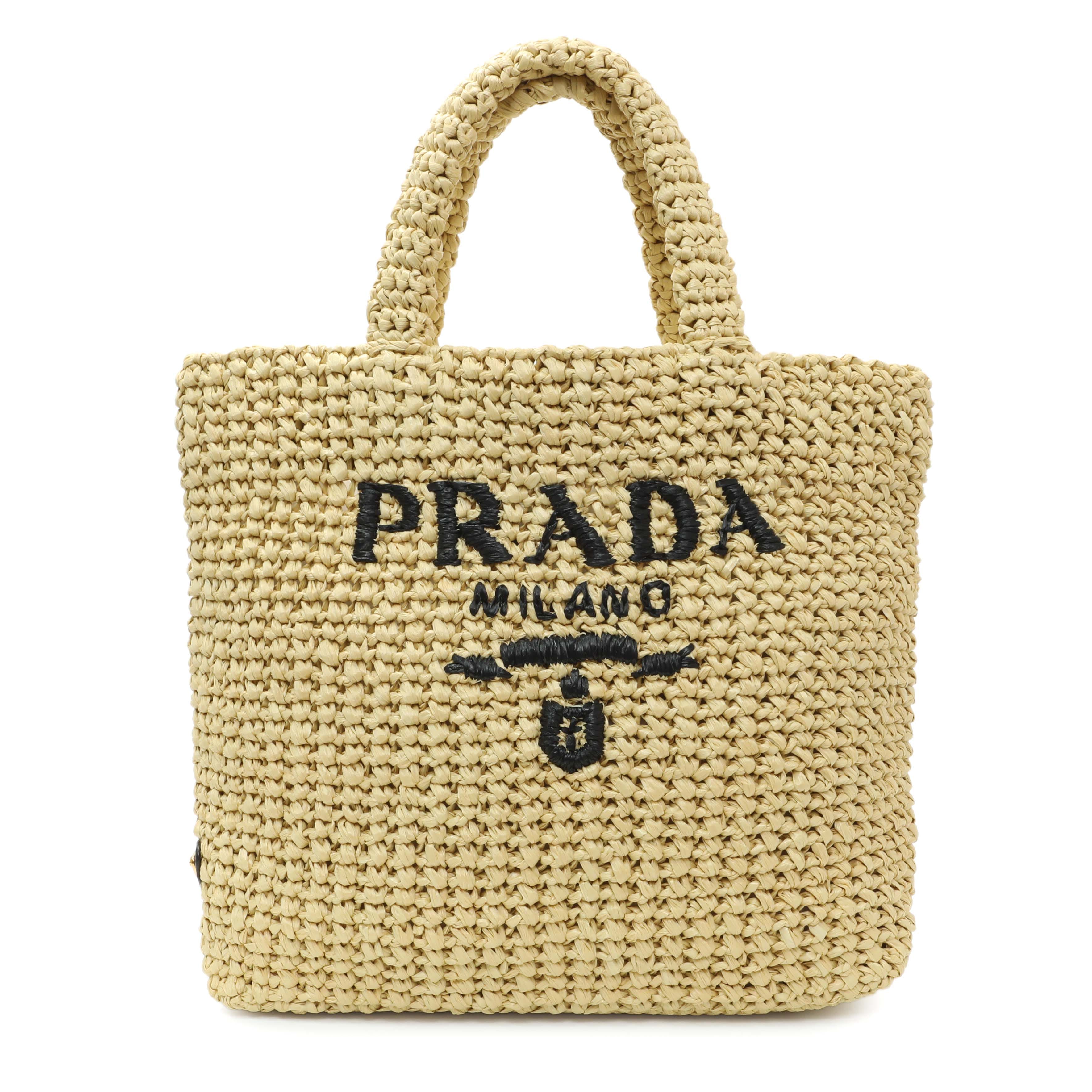 Prada Natural Yarn Raffia Effect Crochet Small Logo Tote