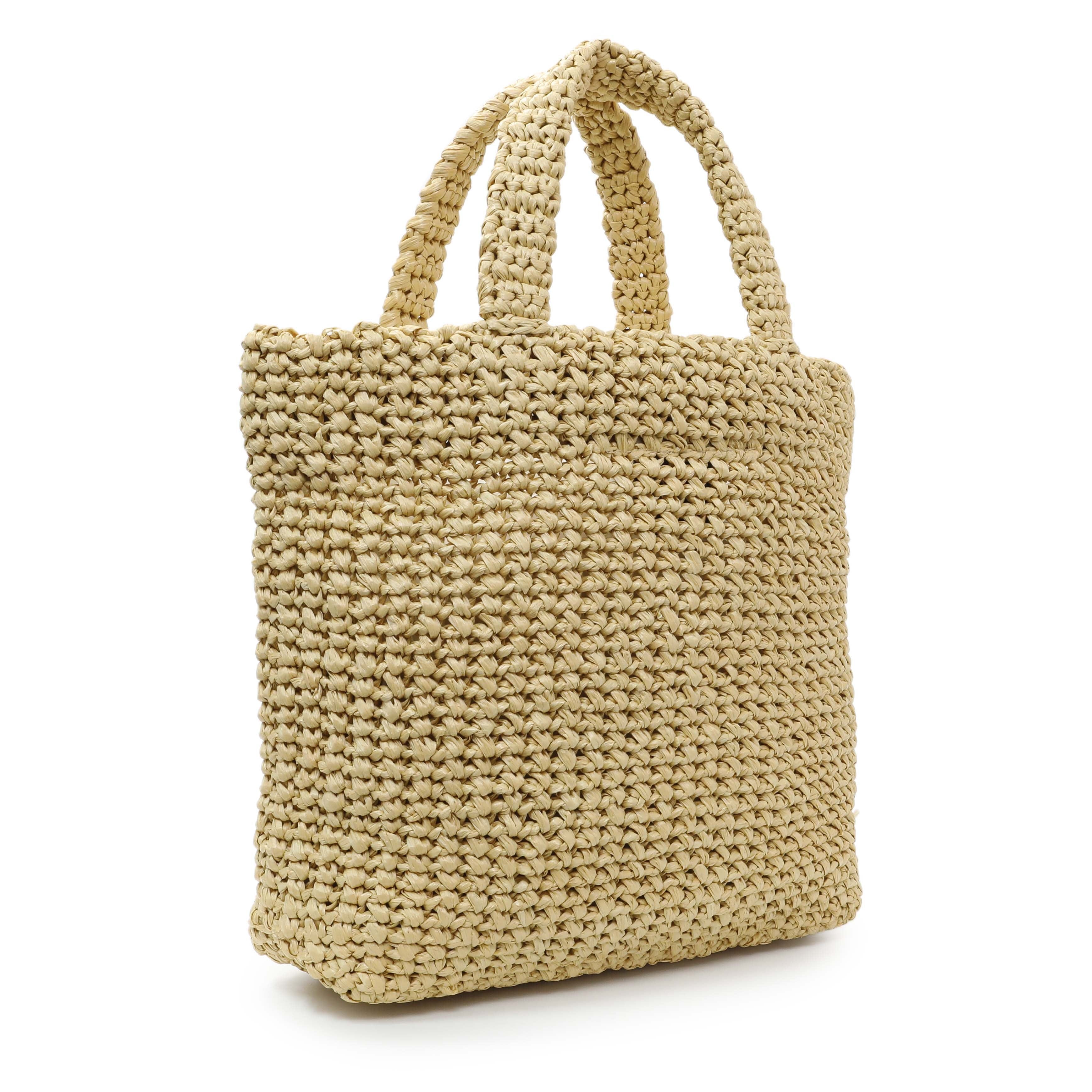 Prada Natural Yarn Raffia Effect Crochet Small Logo Tote