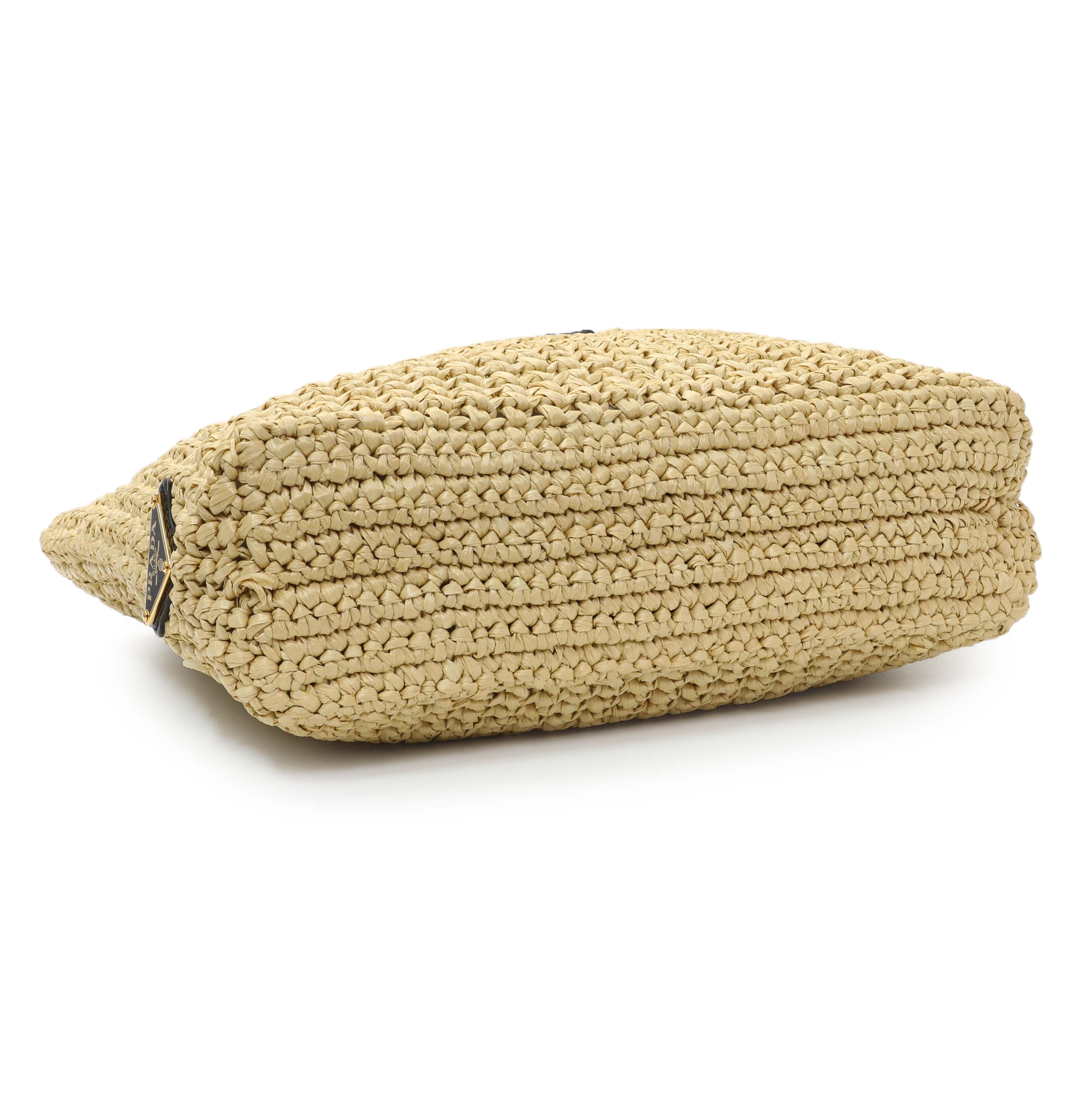 Prada Natural Yarn Raffia Effect Crochet Small Logo Tote