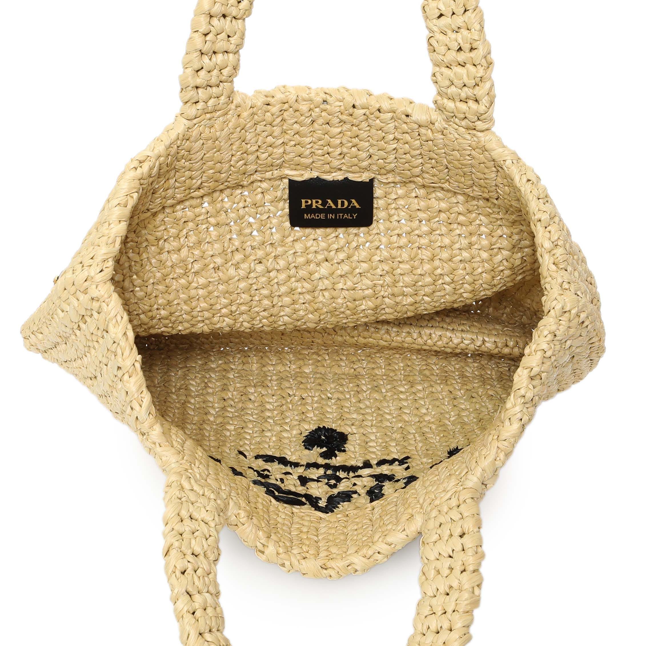 Prada Natural Yarn Raffia Effect Crochet Small Logo Tote