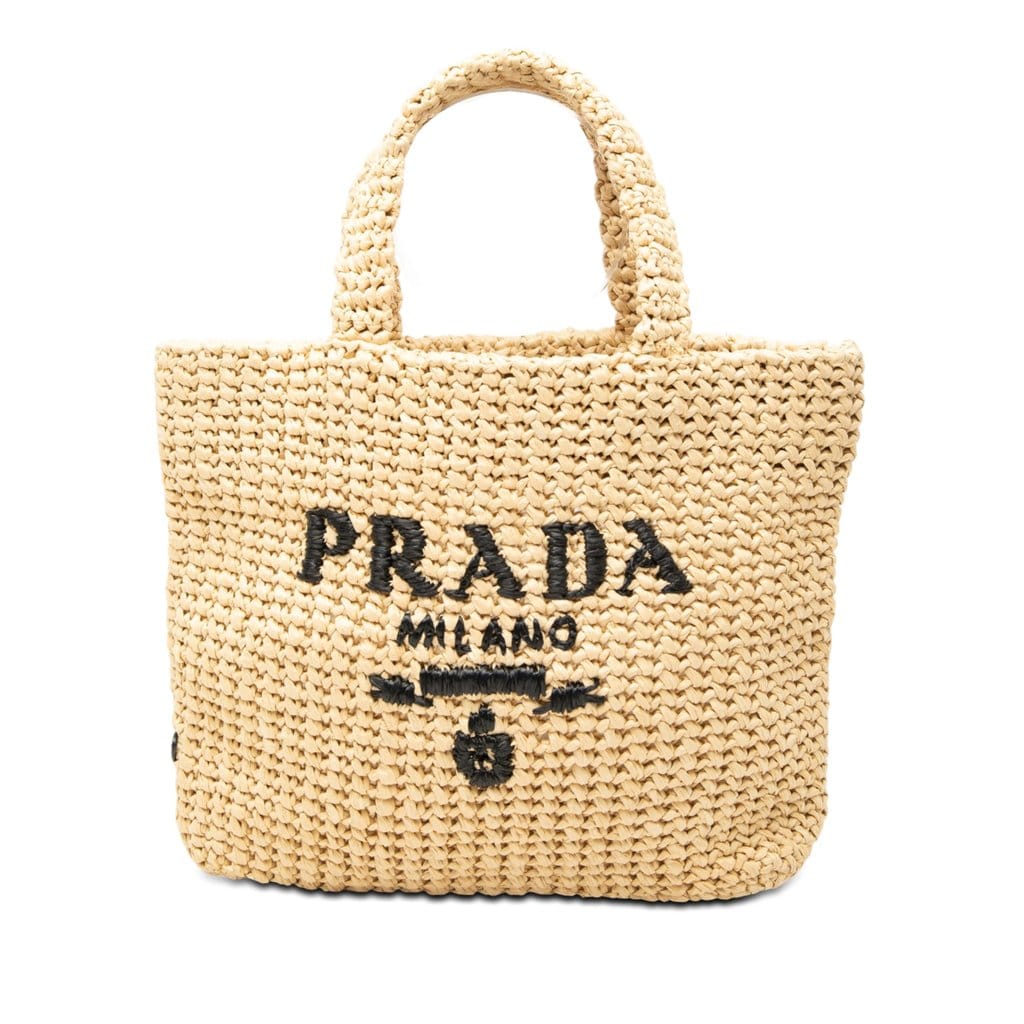 Prada Small Raffia Effect Crochet Embroidered Logo Tote