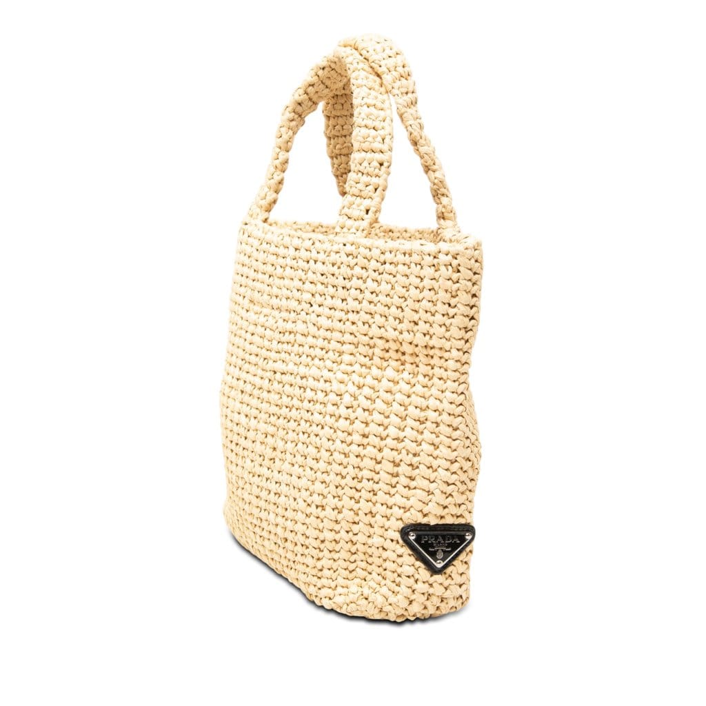 Prada Small Raffia Effect Crochet Embroidered Logo Tote