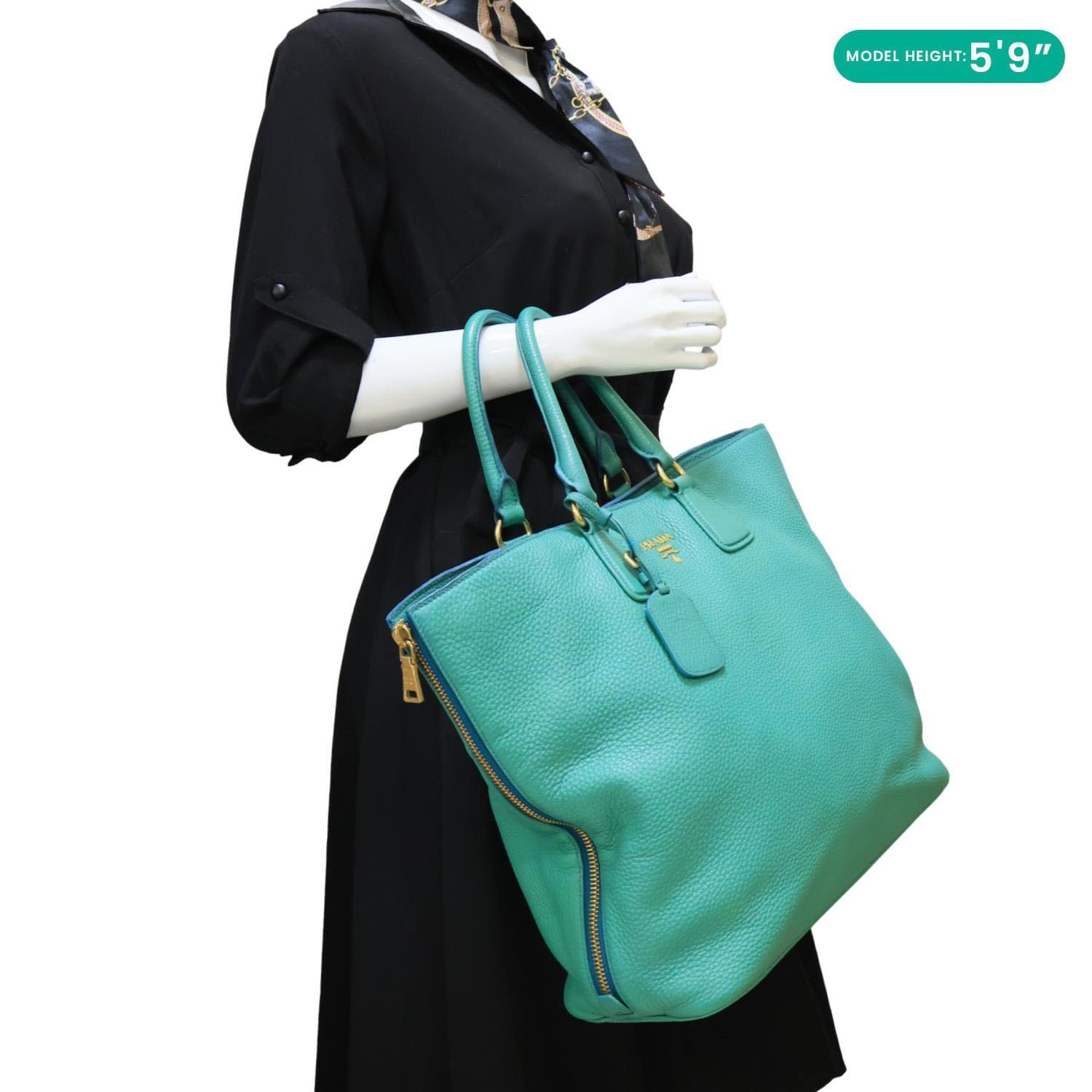 PRADA Vitello Daino Side Zip Leather Shopping Tote Bag Turquoise