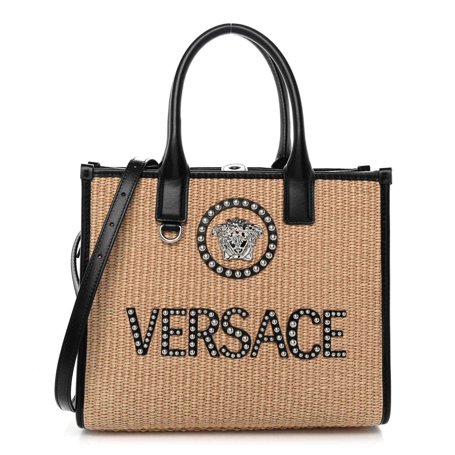 Versace Raffia Studded La Medusa Tote Beige