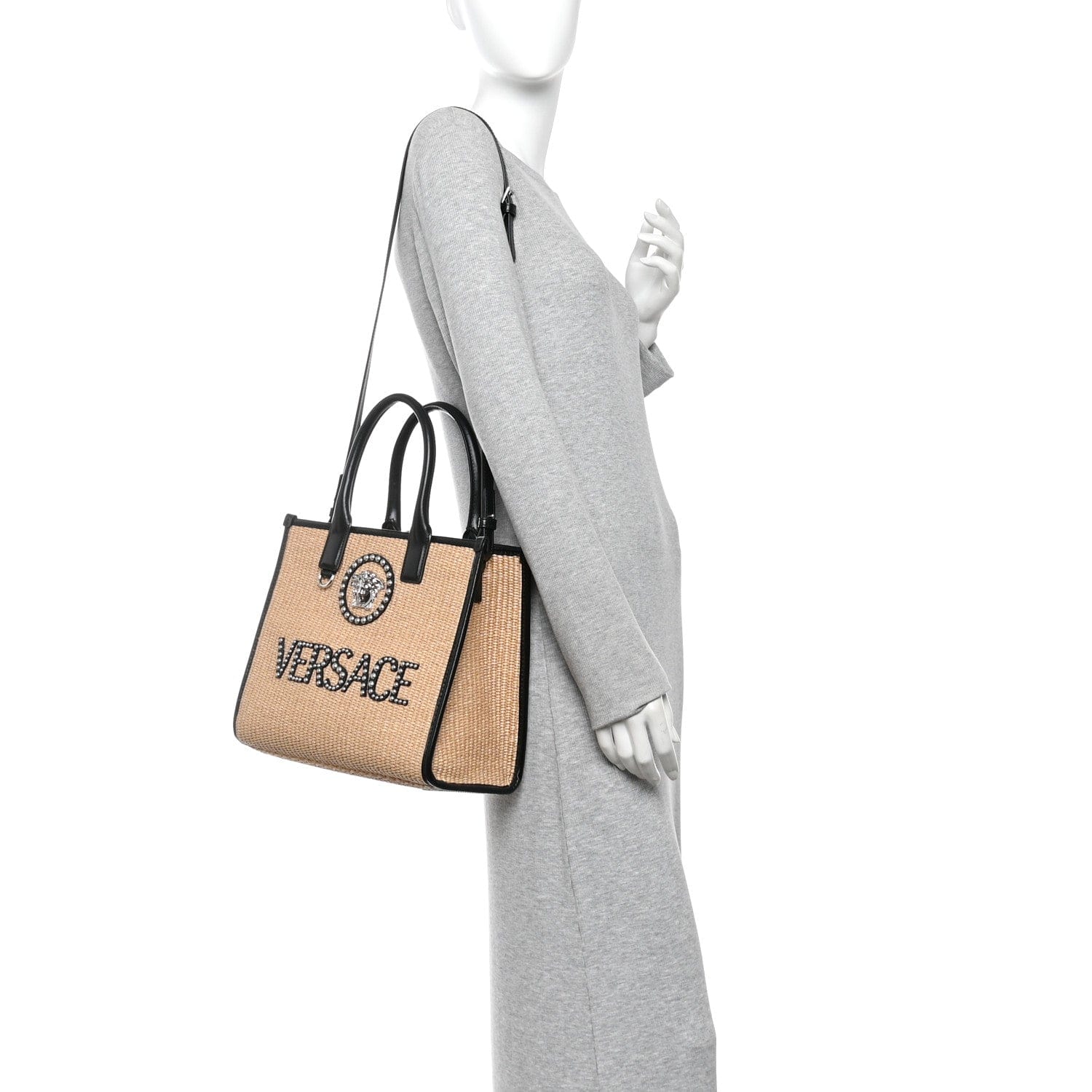 Versace Raffia Studded La Medusa Tote Beige