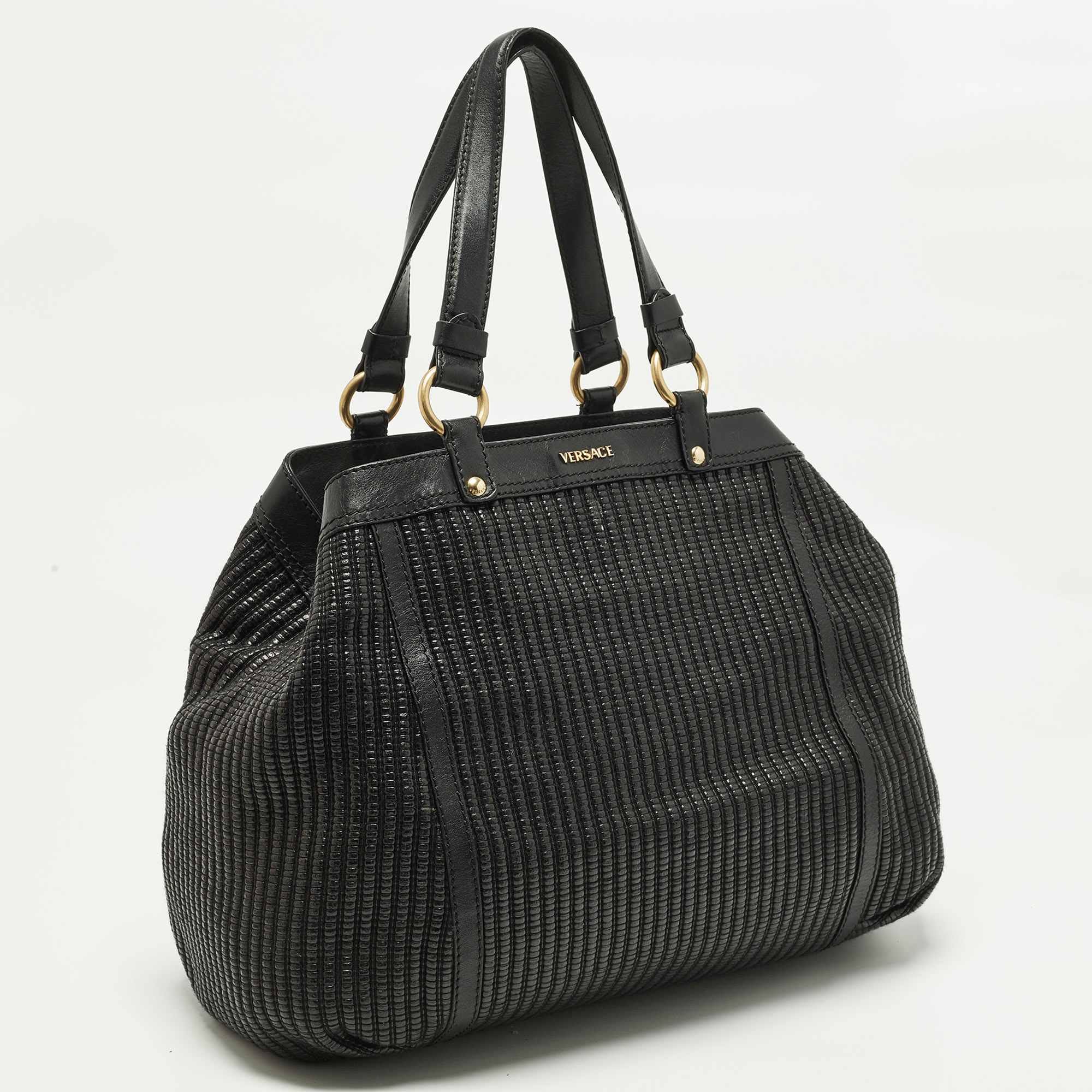 Versace Stripe Black Leather And Raffia Trim Tote