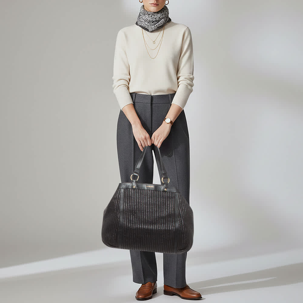 Versace Stripe Black Leather And Raffia Trim Tote