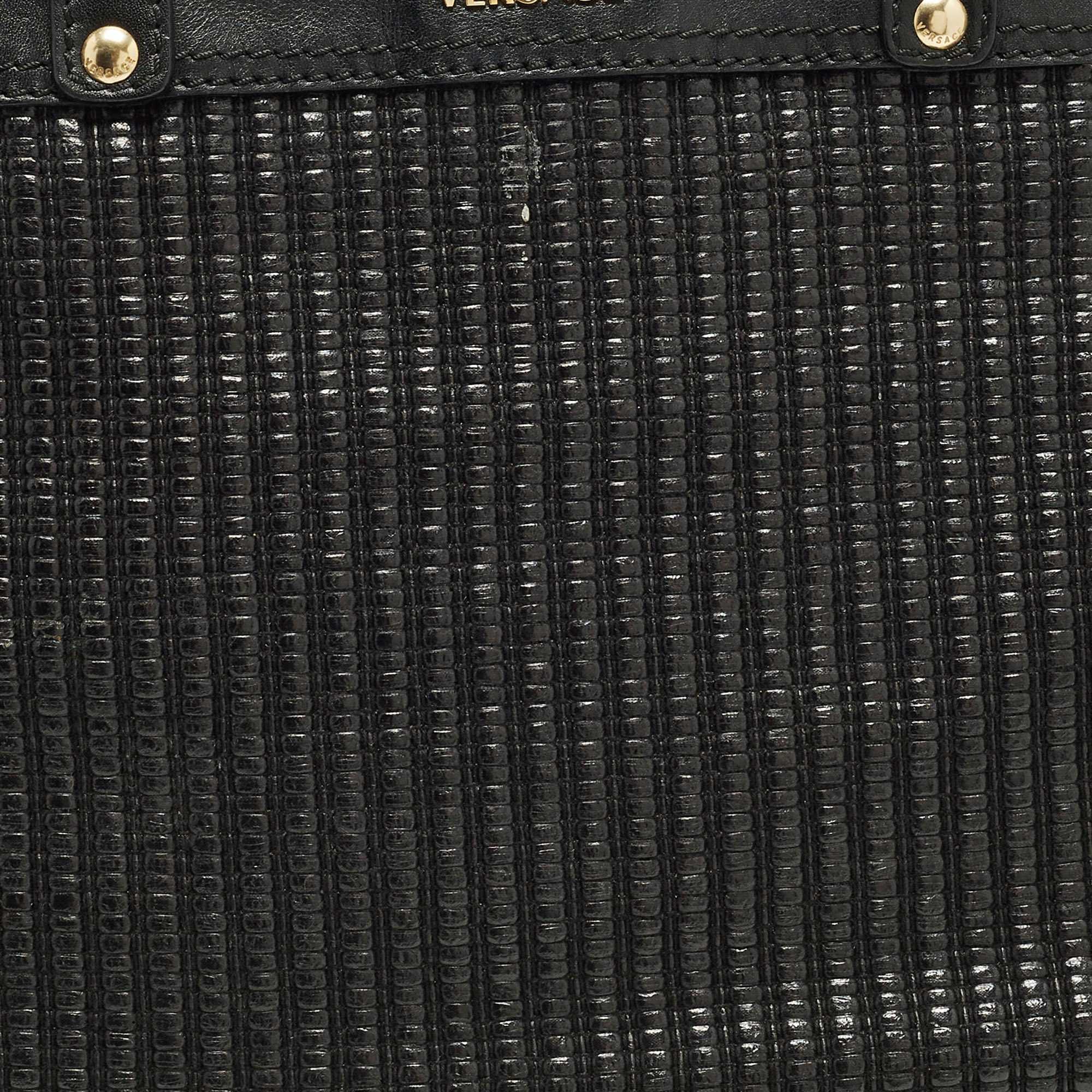 Versace Stripe Black Leather And Raffia Trim Tote