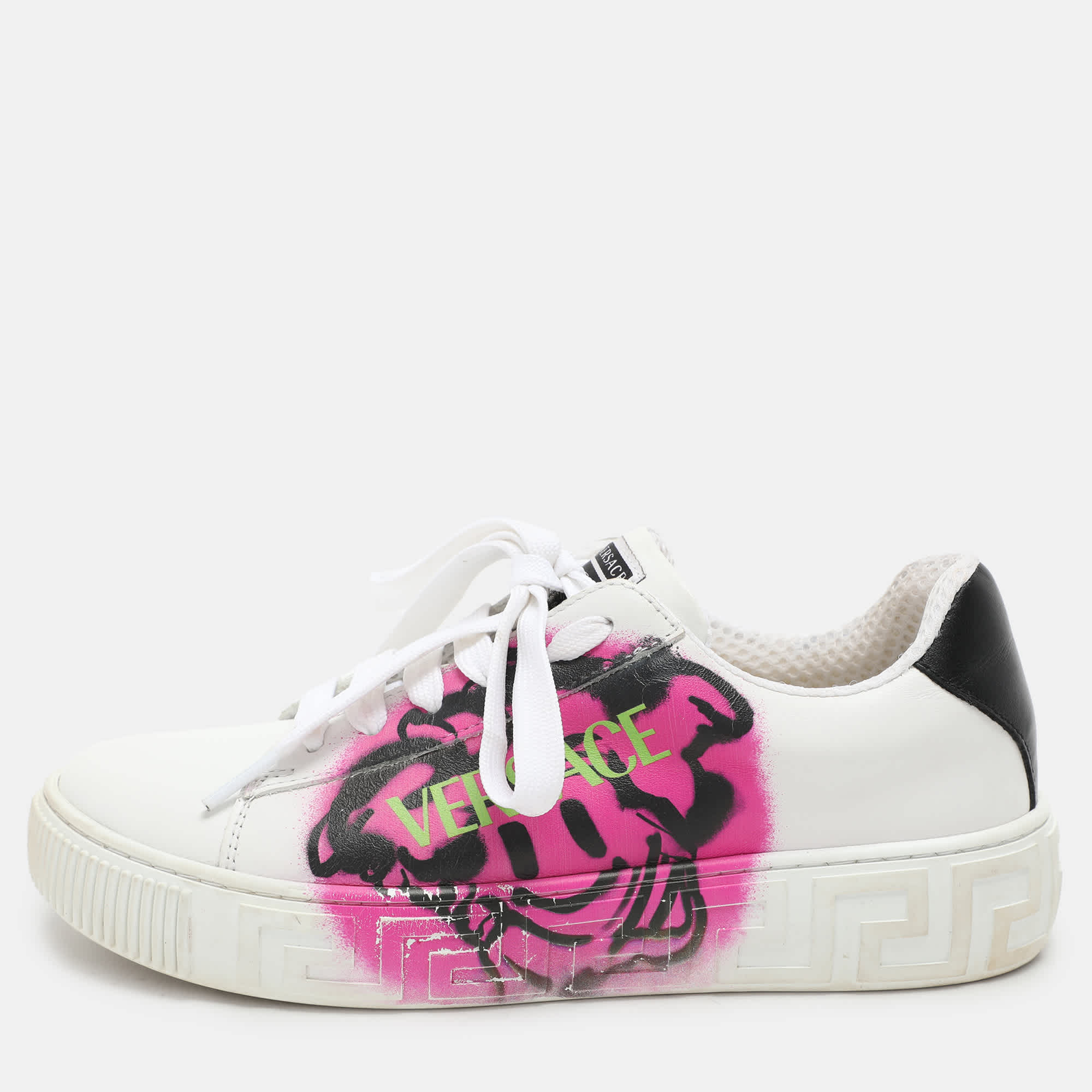 Versace White Leather La Greca Low Top Sneakers