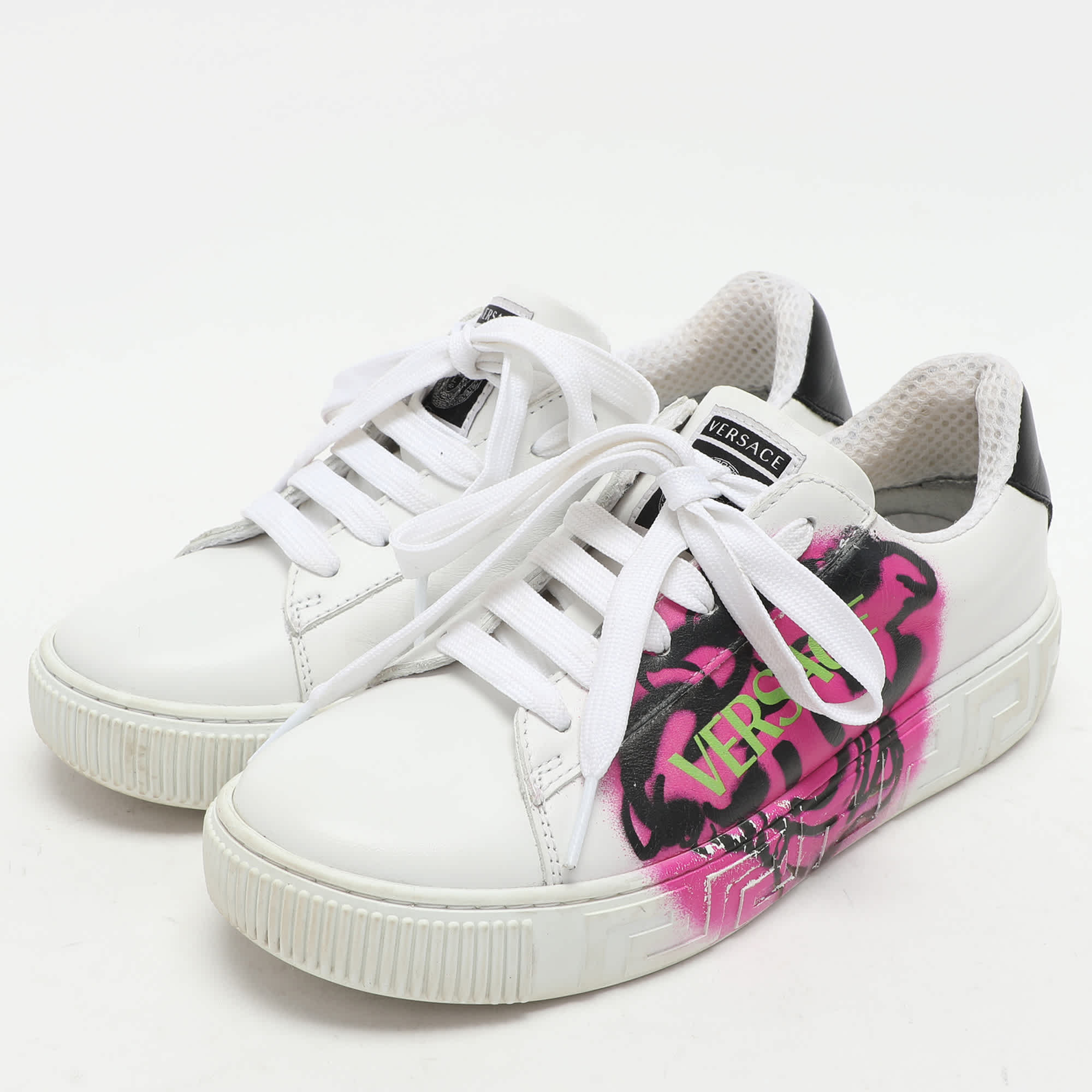 Versace White Leather La Greca Low Top Sneakers