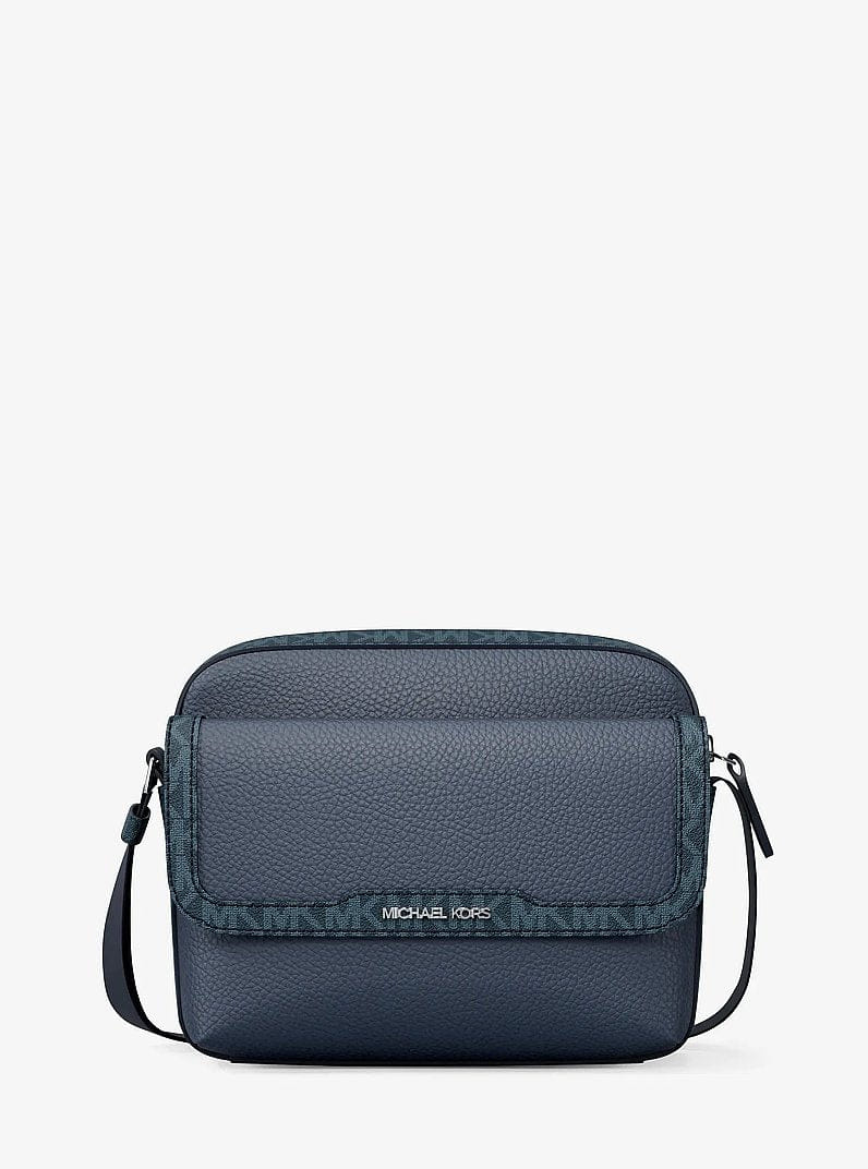 Michael Kors Cooper Medium Pebbled Leather and Signature Logo Camera Crossbody Bag Navy