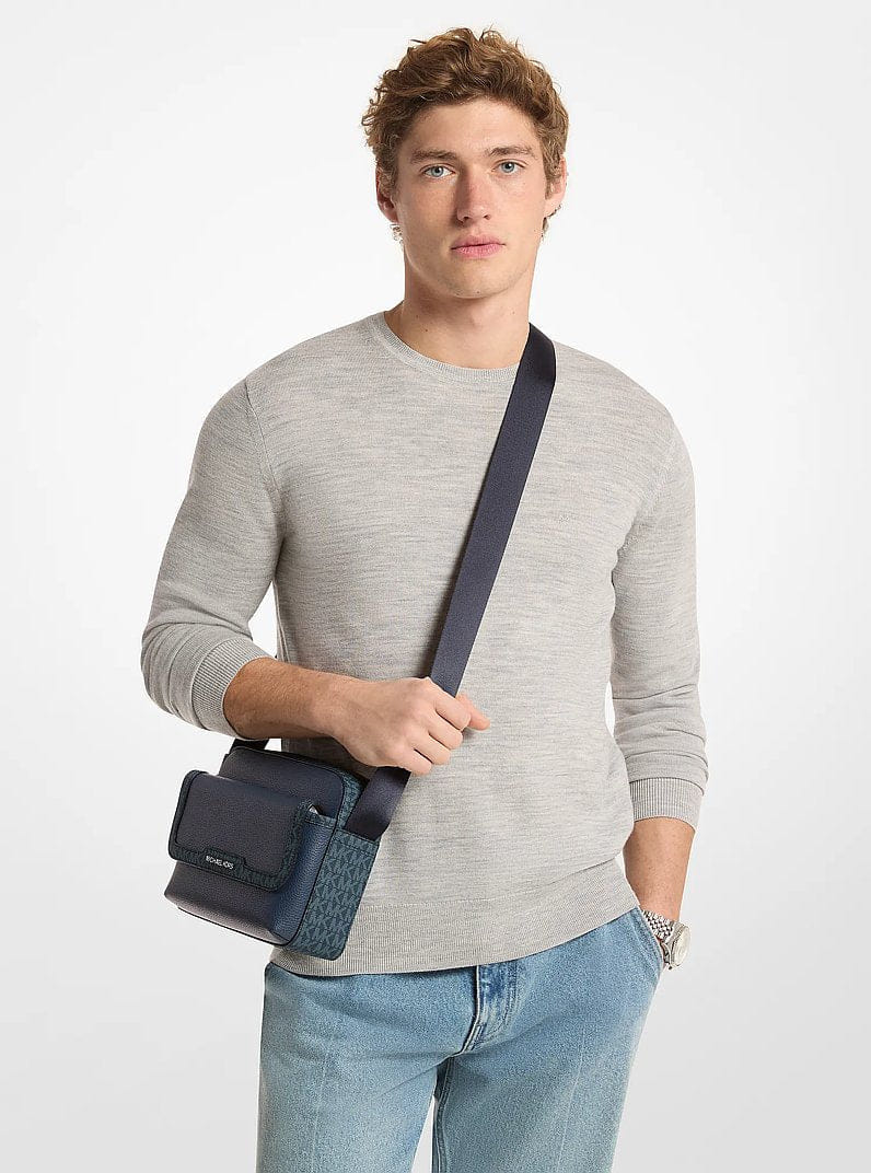 Michael Kors Cooper Medium Pebbled Leather and Signature Logo Camera Crossbody Bag Navy