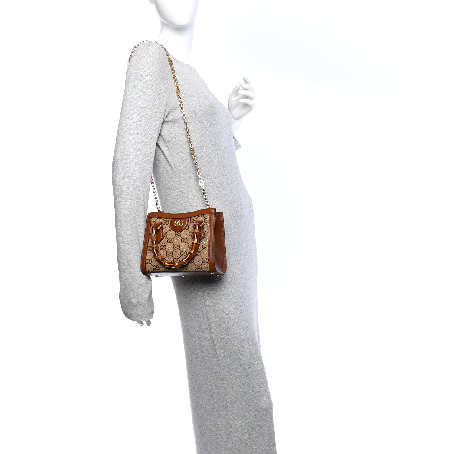 Gucci New Canvas Charisma Calfskin Crystal GG Monogram Mini Diana Tote Bag Camel Ebony