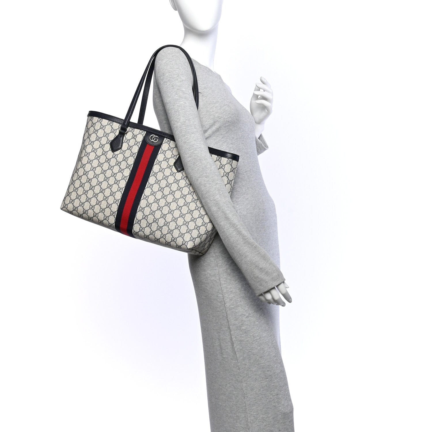 Gucci GG Supreme Monogram Textured Calfskin Web Medium Ophidia Shopping Tote Beige Blue