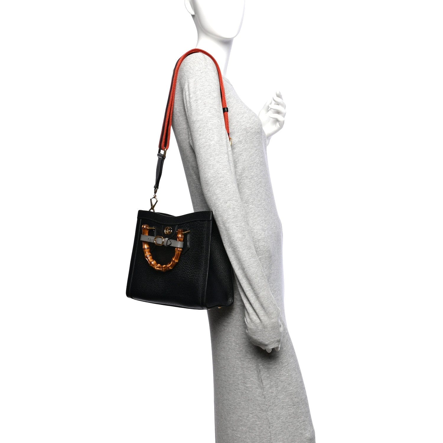 Gucci Textured Dollar Calfskin Web Small Diana Tote Bag Black Dusty Grey