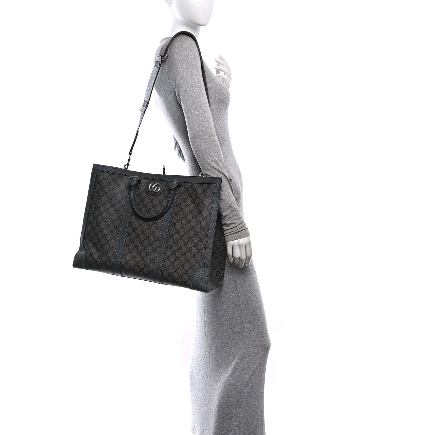 Gucci GG Supreme Monogram Textured Dollar Calfskin Large Ophidia Tote Bag Grey Black Graphite Grey