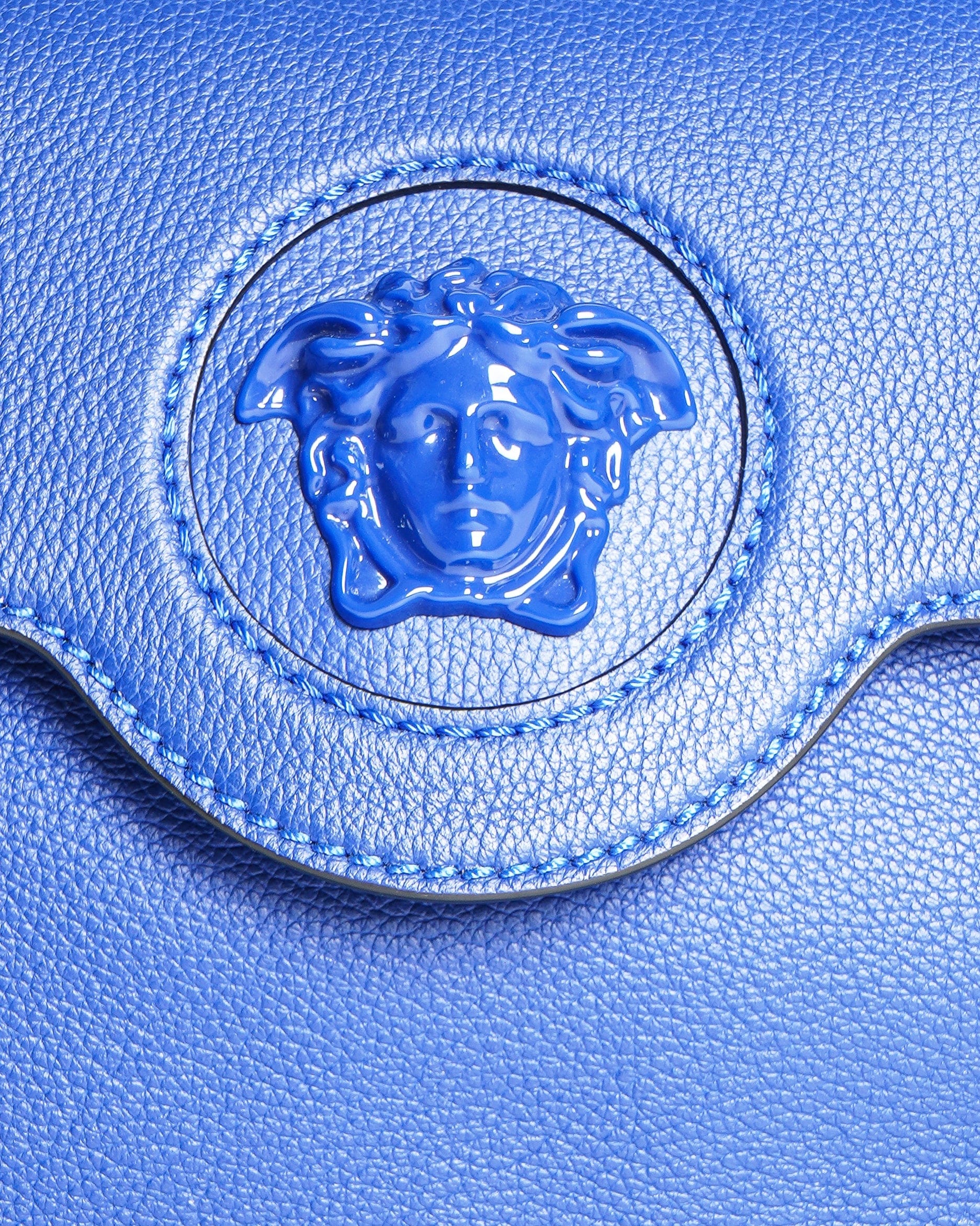 VERSACE Exclusive Calfskin Medium La Medusa Top Handle Handbag in Lapis