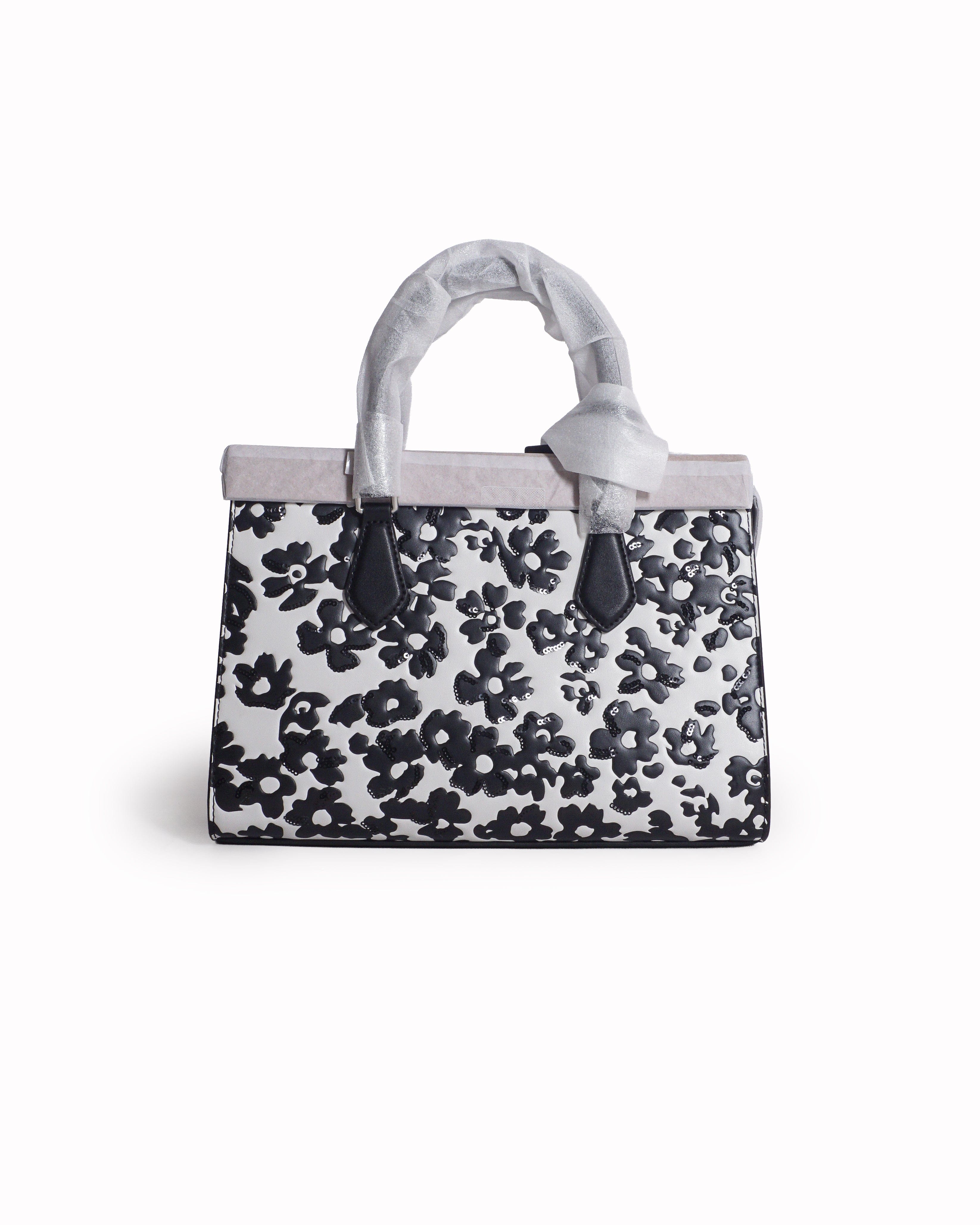 Michael Kors Black & White Floral Medium Pratt Satchel Tote