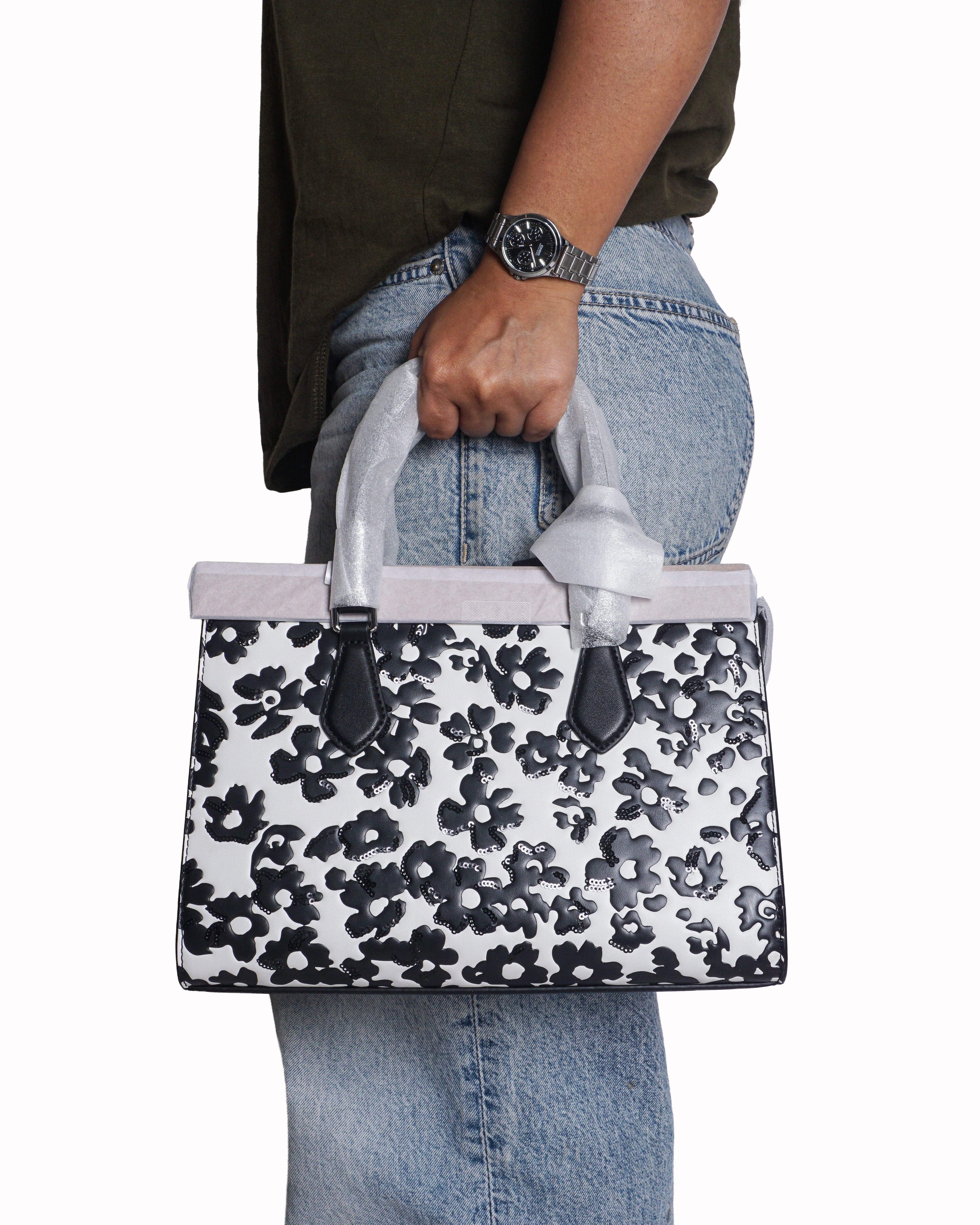 Michael Kors Black & White Floral Medium Pratt Satchel Tote