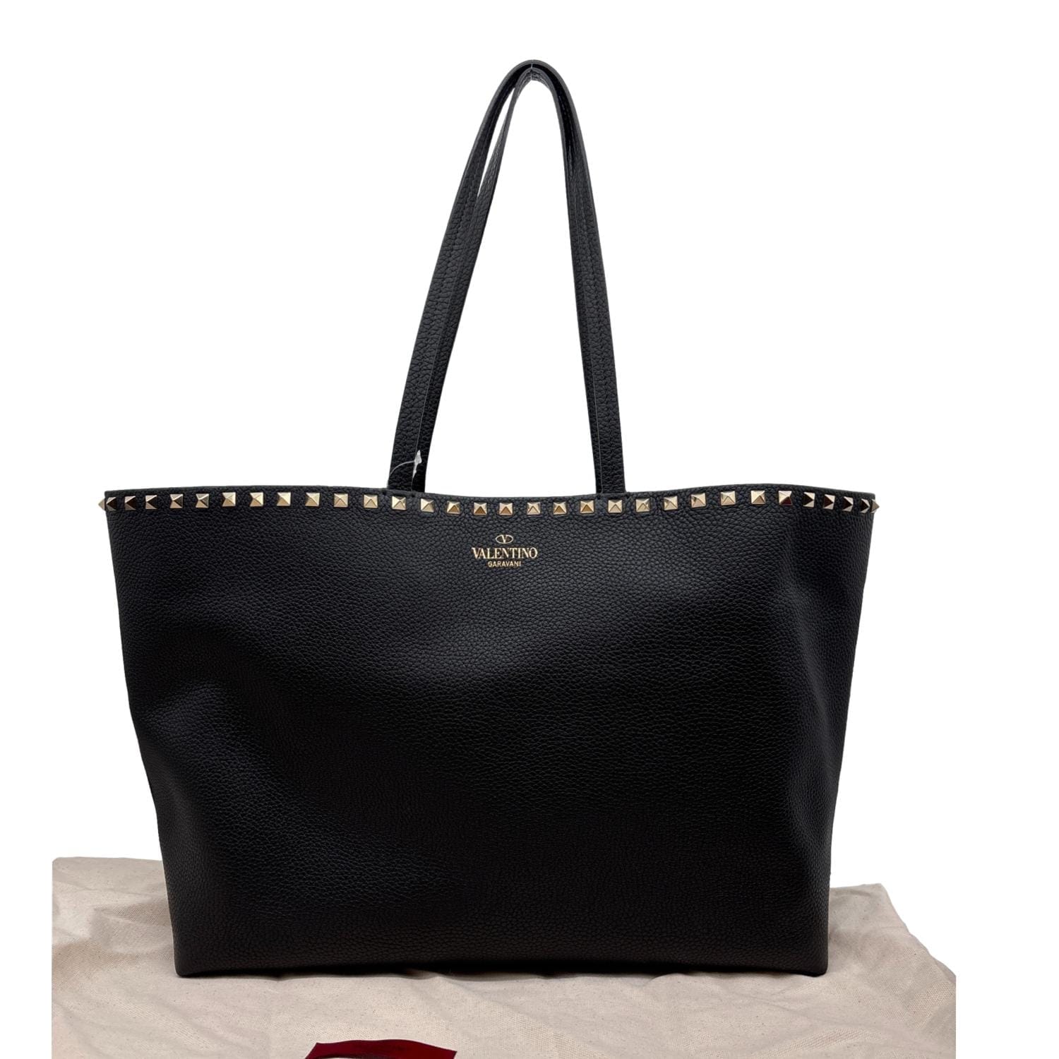 VALENTINO Garavani Rockstud Grained Calfskin Leather Shopping Tote Black