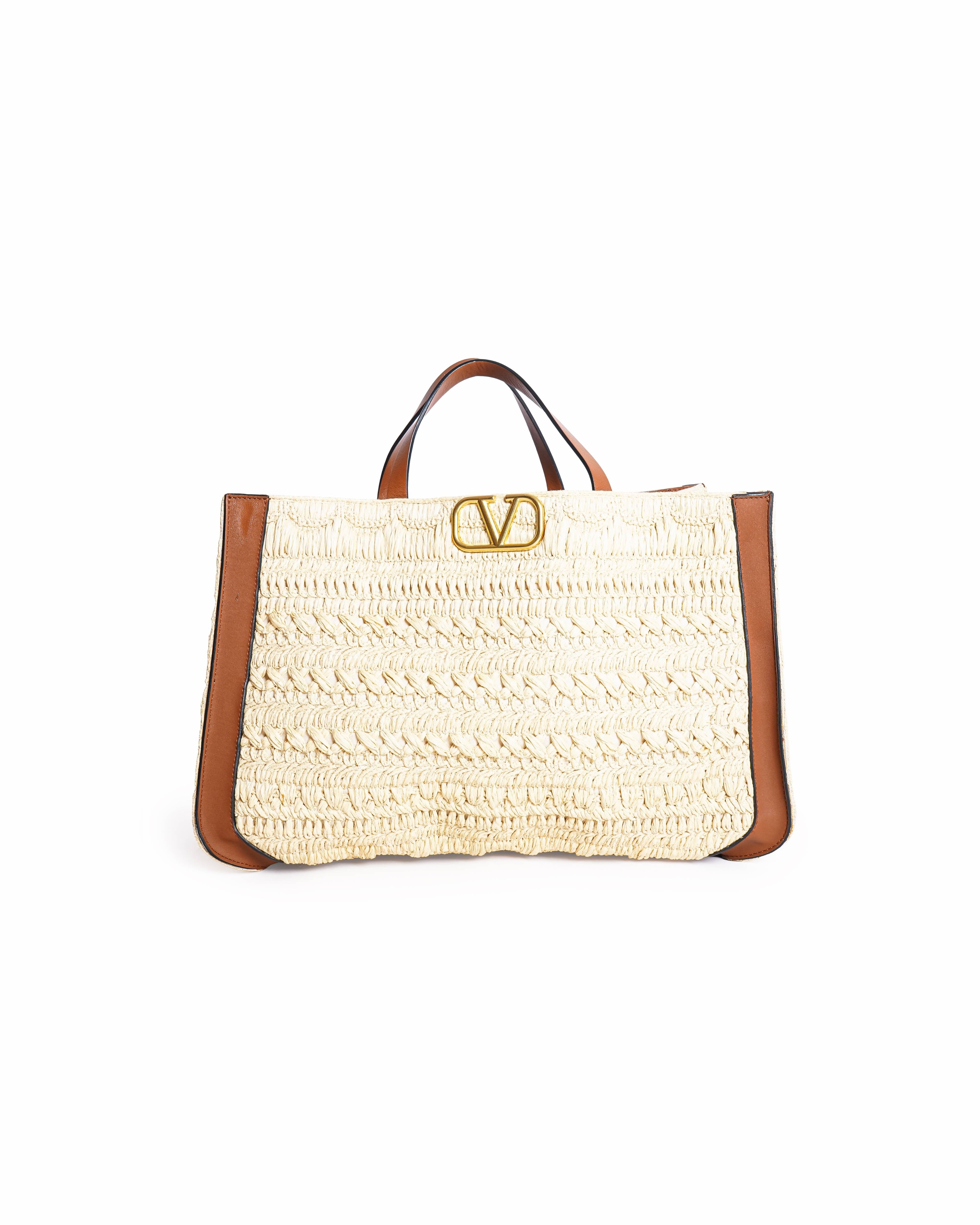 Valentino Garavani Vlogo Siganture Embroidered Raffia Tote Bag