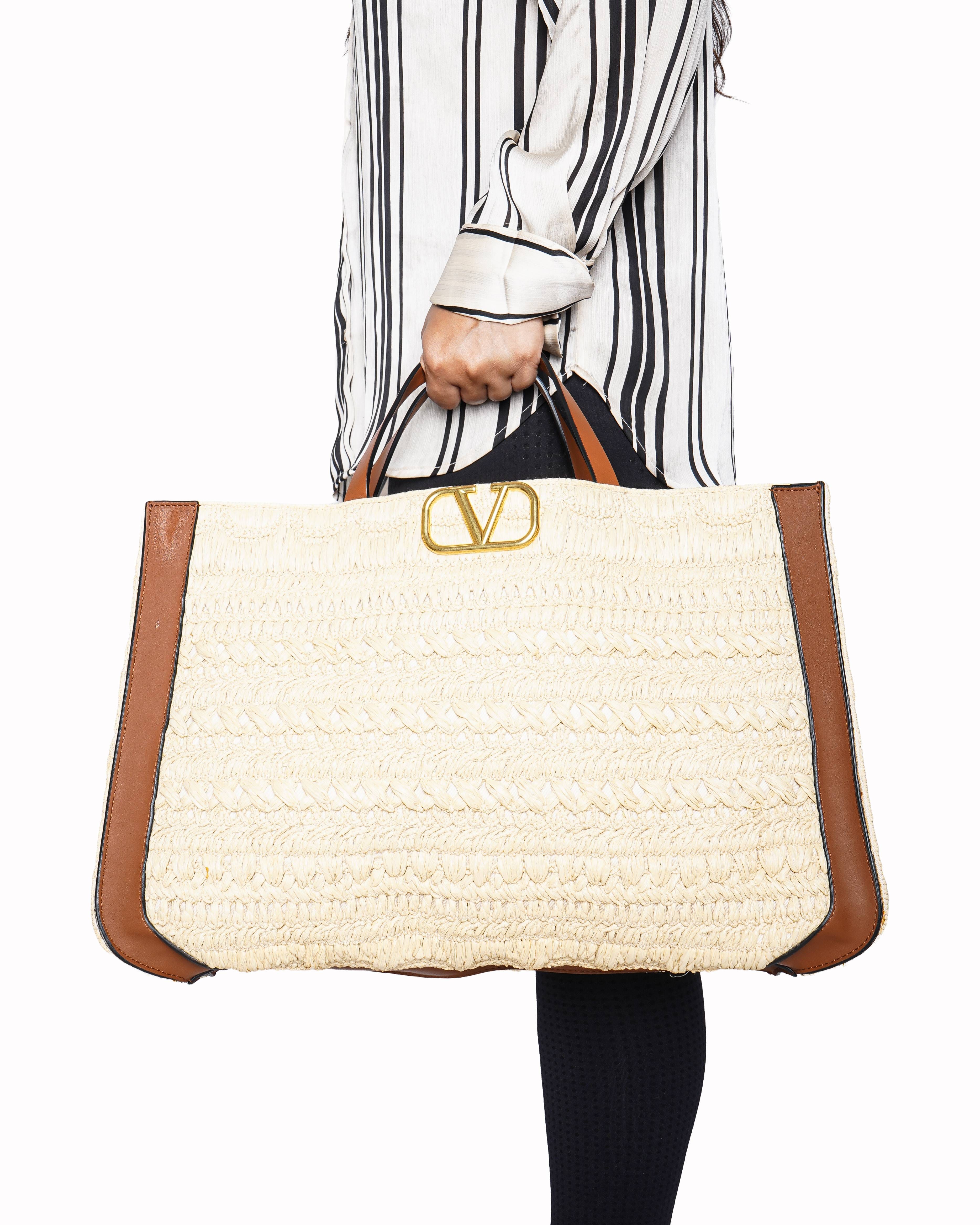 Valentino Garavani Vlogo Siganture Embroidered Raffia Tote Bag