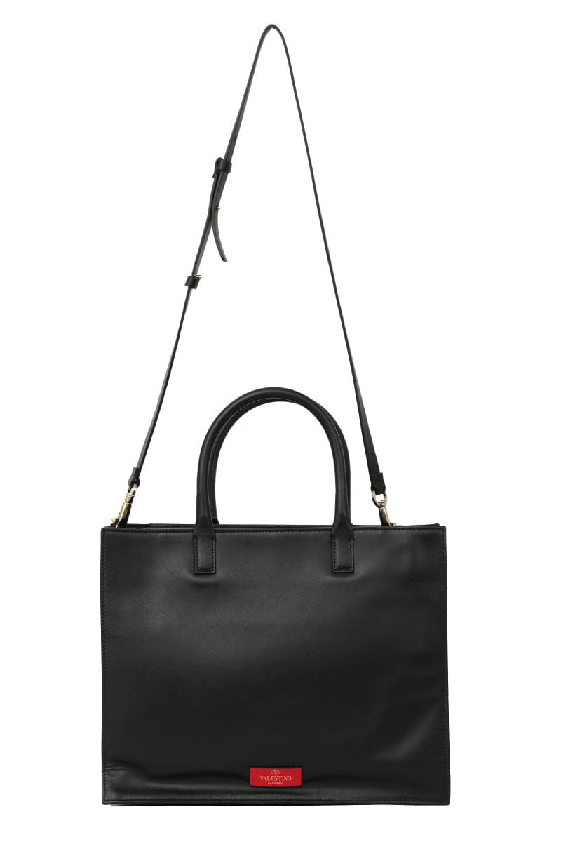 Valentino Black Leather V Logo Tote Bag