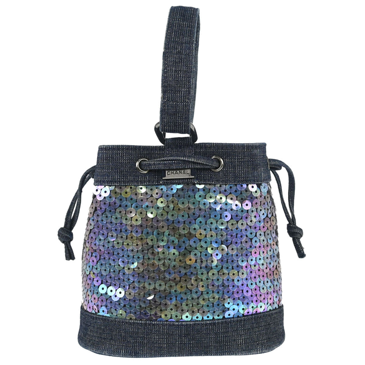 Chanel 1997 - 1999 Navy Sequins Denim Tote Bucket Drawstring Handbag