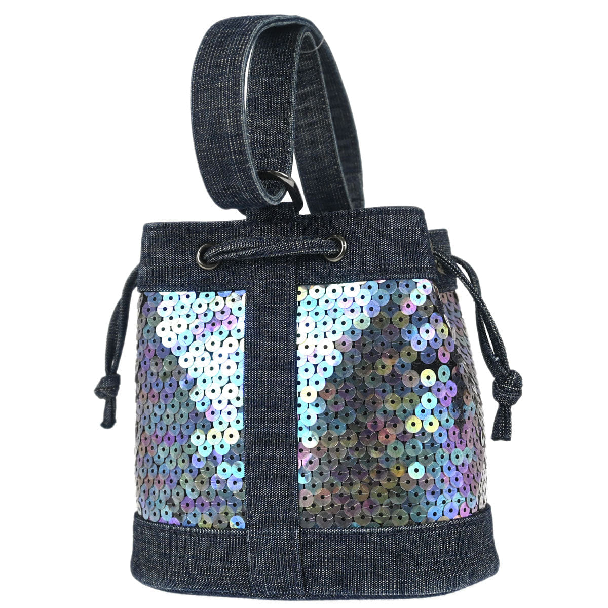 Chanel 1997 - 1999 Navy Sequins Denim Tote Bucket Drawstring Handbag