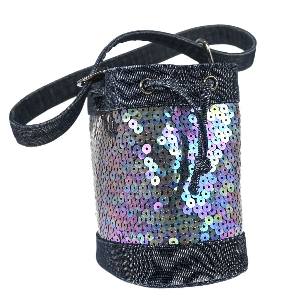 Chanel 1997 - 1999 Navy Sequins Denim Tote Bucket Drawstring Handbag