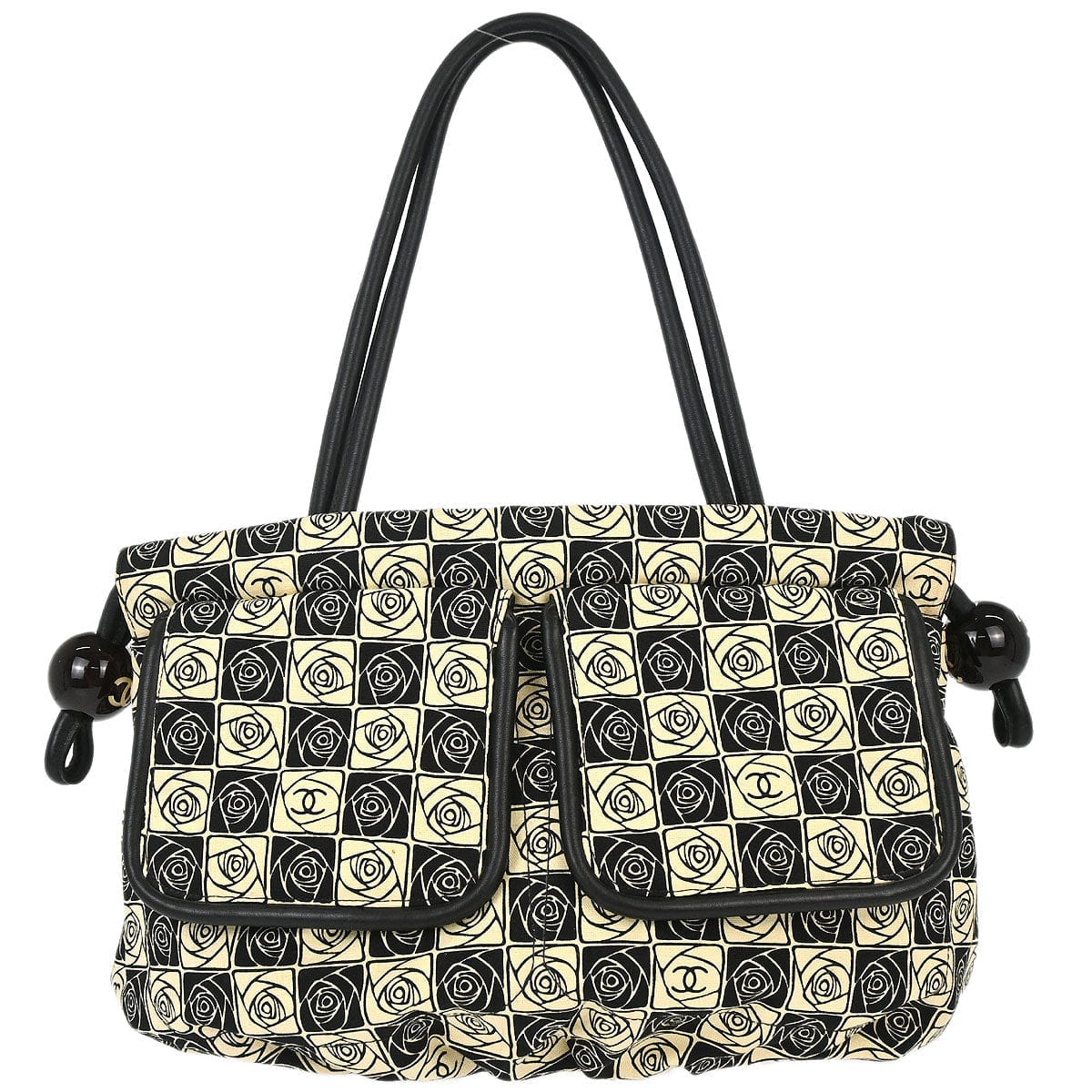 Chanel 2003 - 2004 Black Beige Canvas Coco Ball Camellia Tote Handbag