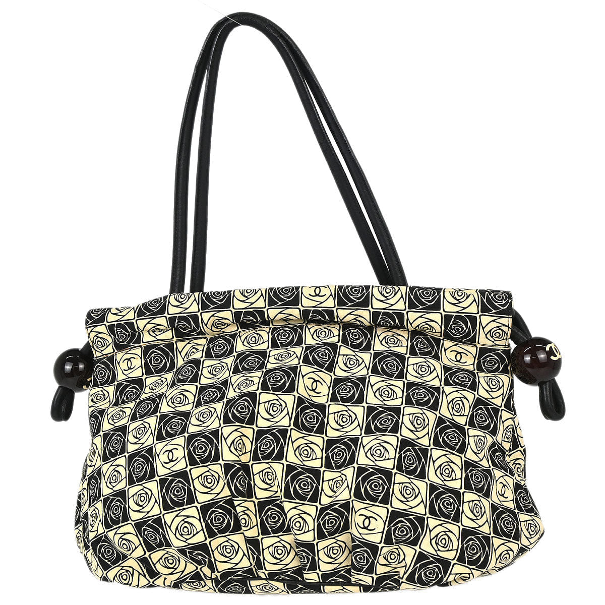 Chanel 2003 - 2004 Black Beige Canvas Coco Ball Camellia Tote Handbag