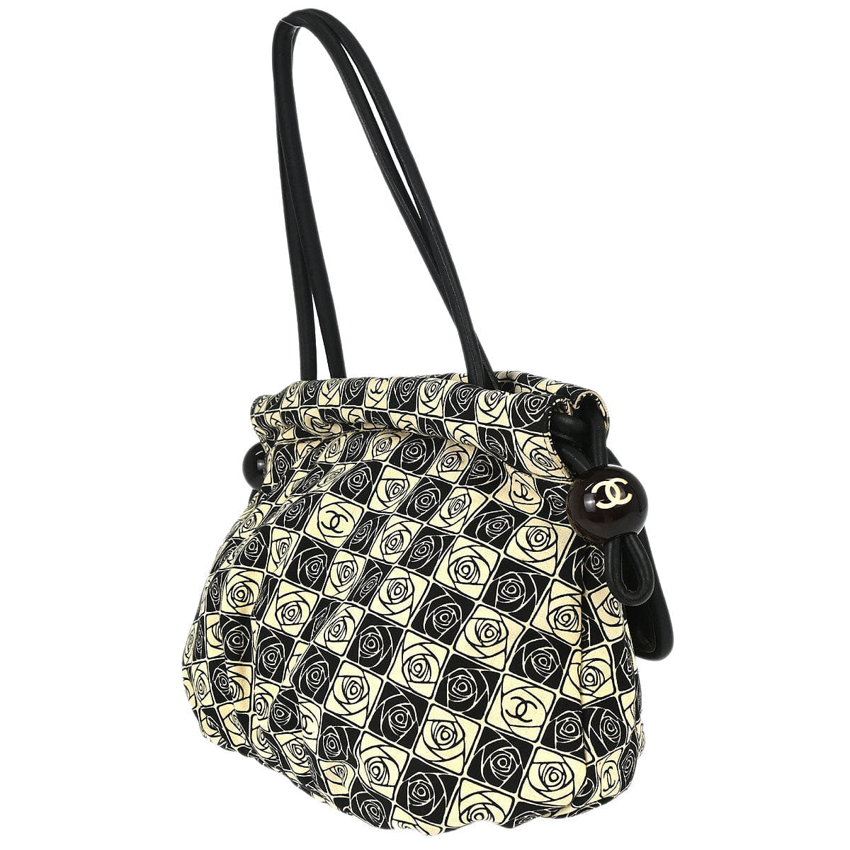 Chanel 2003 - 2004 Black Beige Canvas Coco Ball Camellia Tote Handbag
