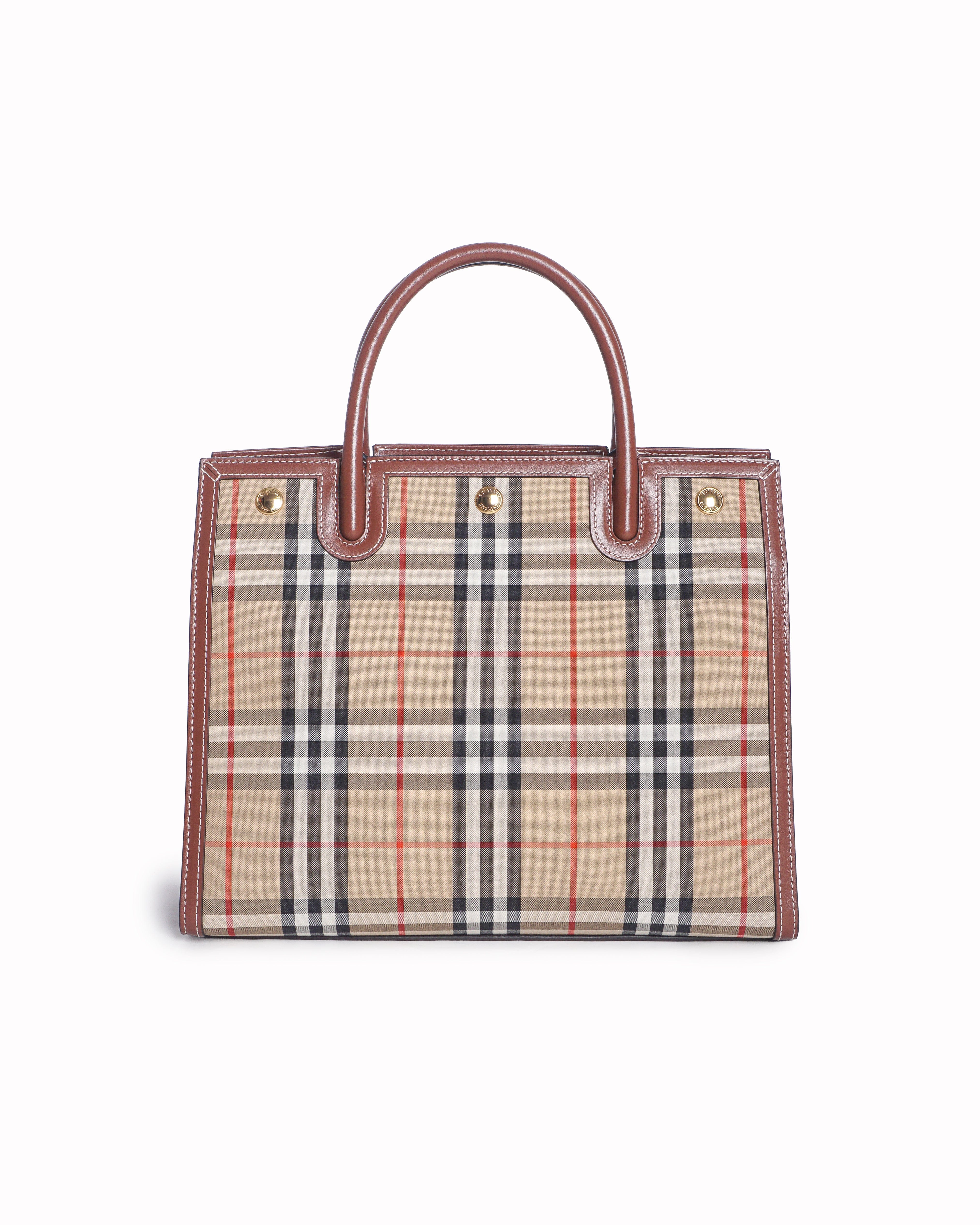 Burberry Vintage Check Canvas & Brown Leather Small Title Tote