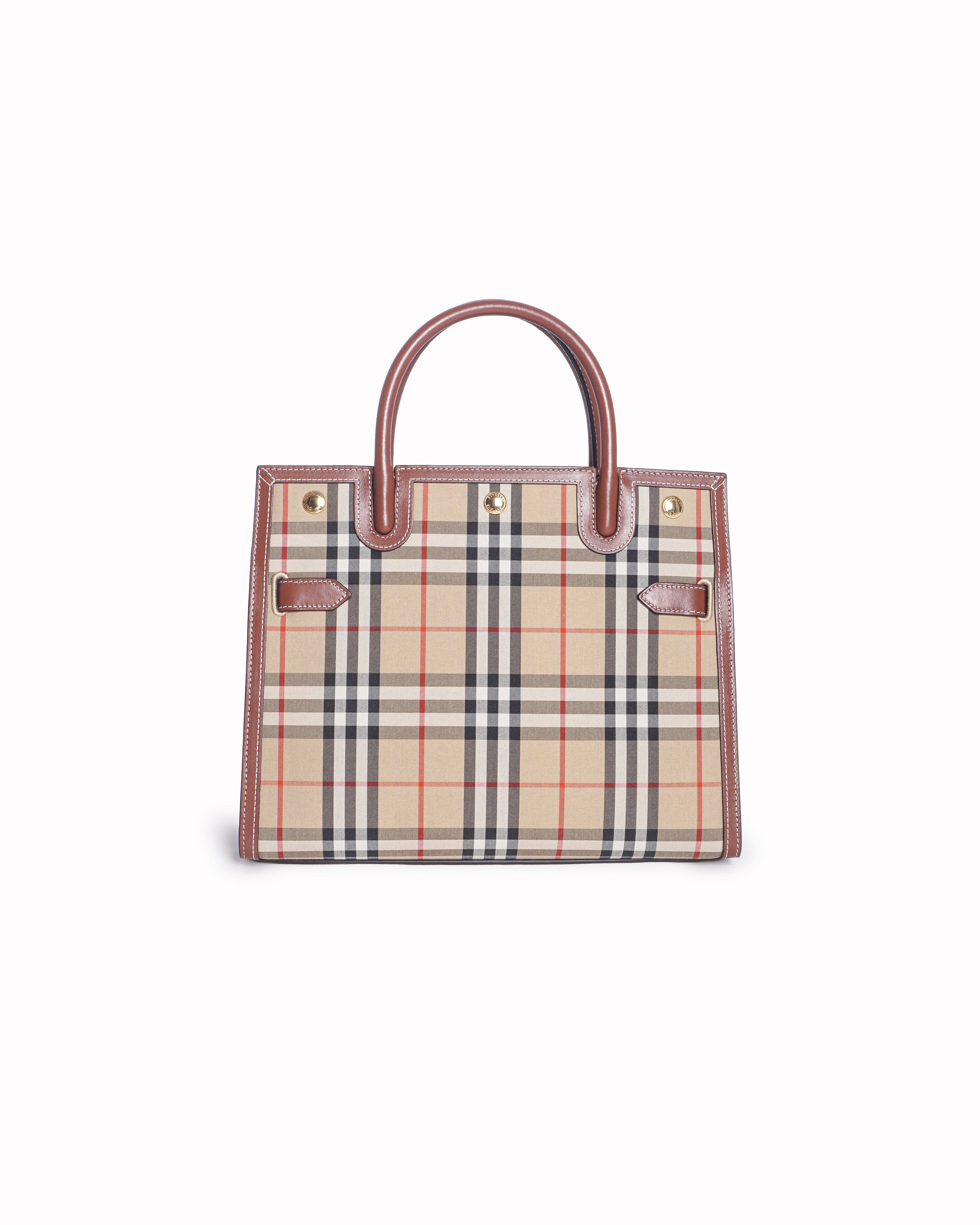 Burberry Vintage Check Canvas & Brown Leather Small Title Tote