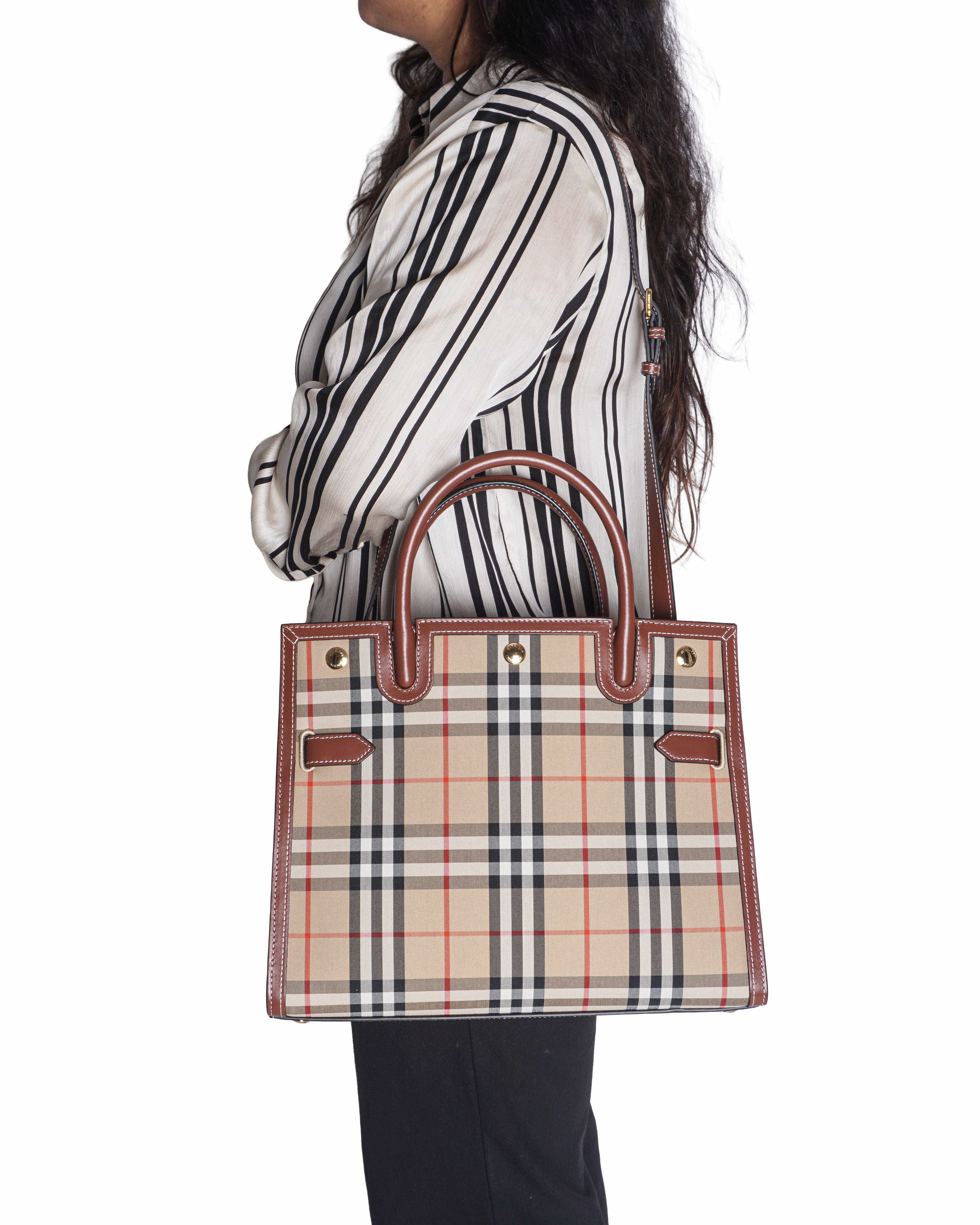 Burberry Vintage Check Canvas & Brown Leather Small Title Tote