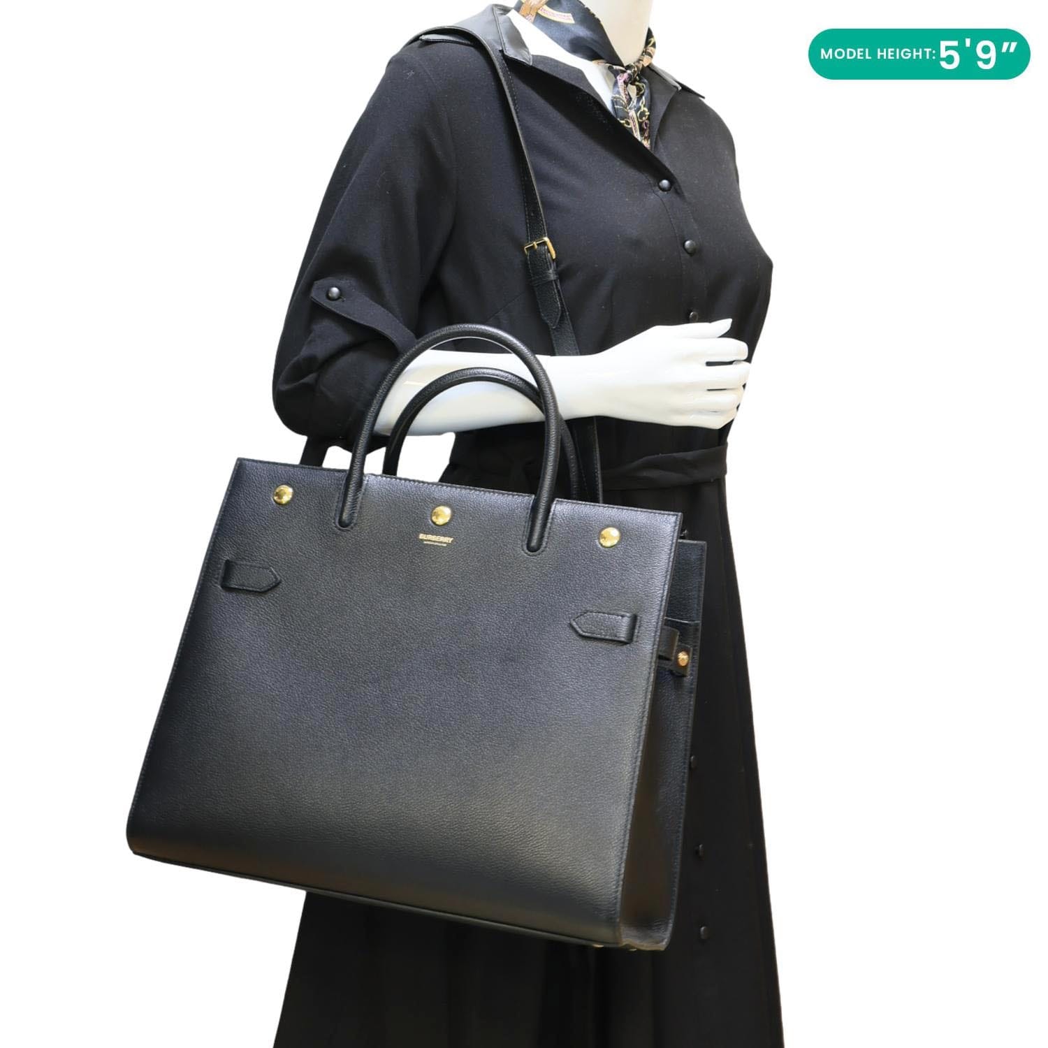 BURBERRY Title Pebbled Leather Tote Bag Black