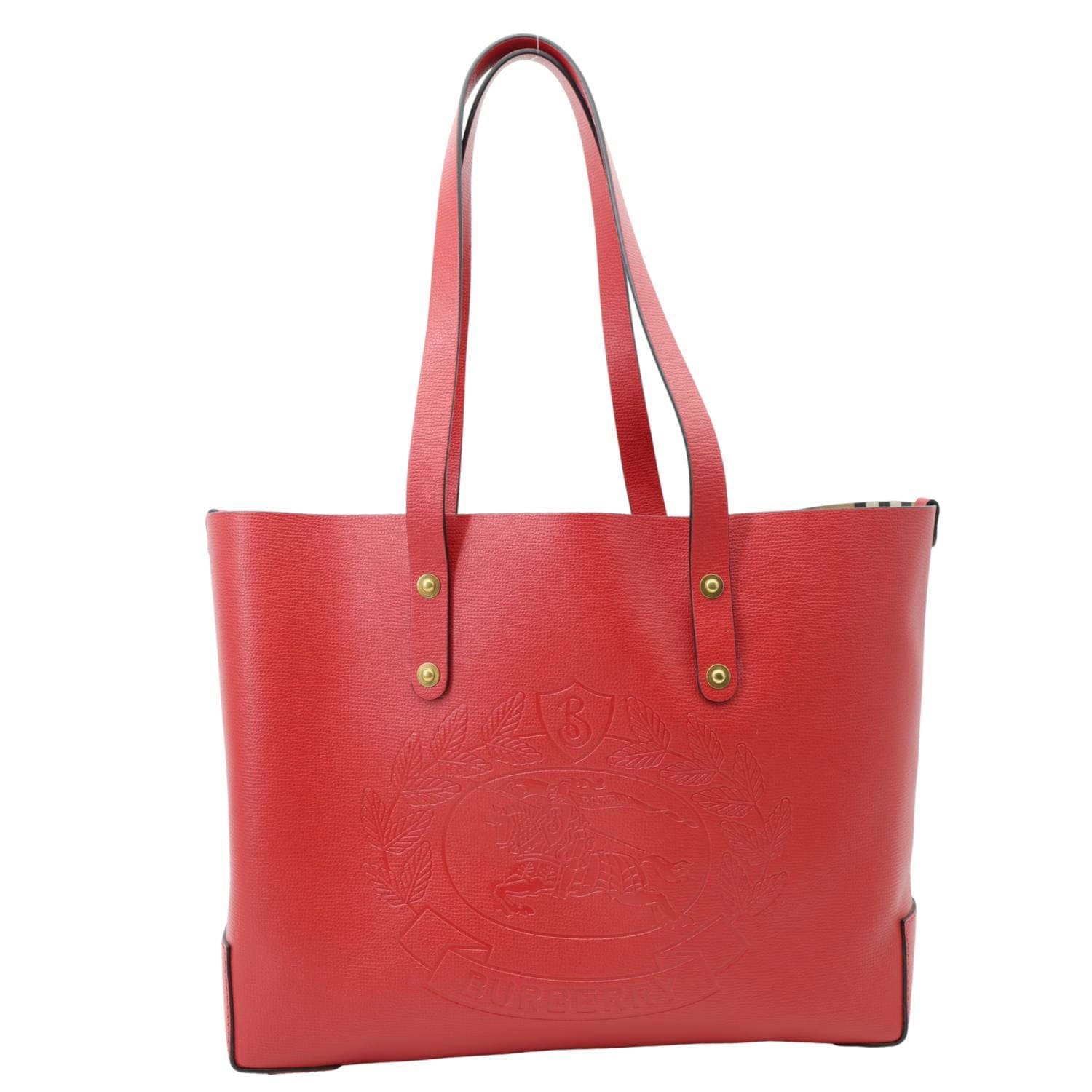 BURBERRY Crest Small Calfskin Leather Tote Bag Red