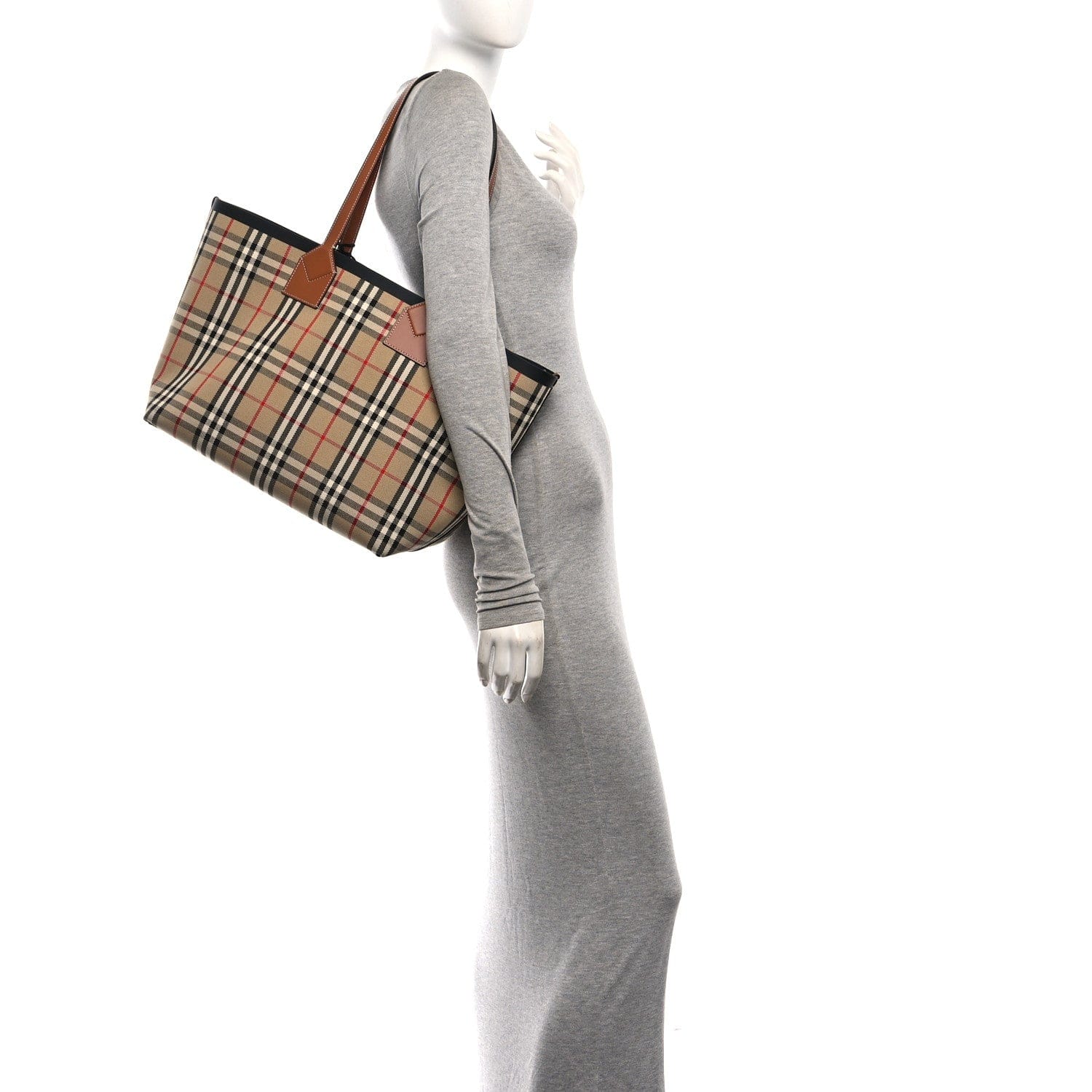Burberry Cotton Vintage Check Medium London Tote Bag Briar Brown Black