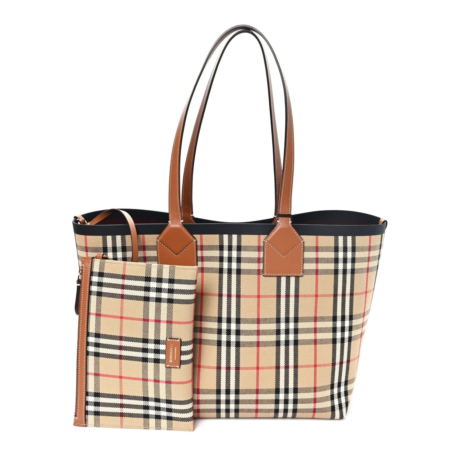 Burberry Cotton Vintage Check Medium London Tote Bag Briar Brown Black