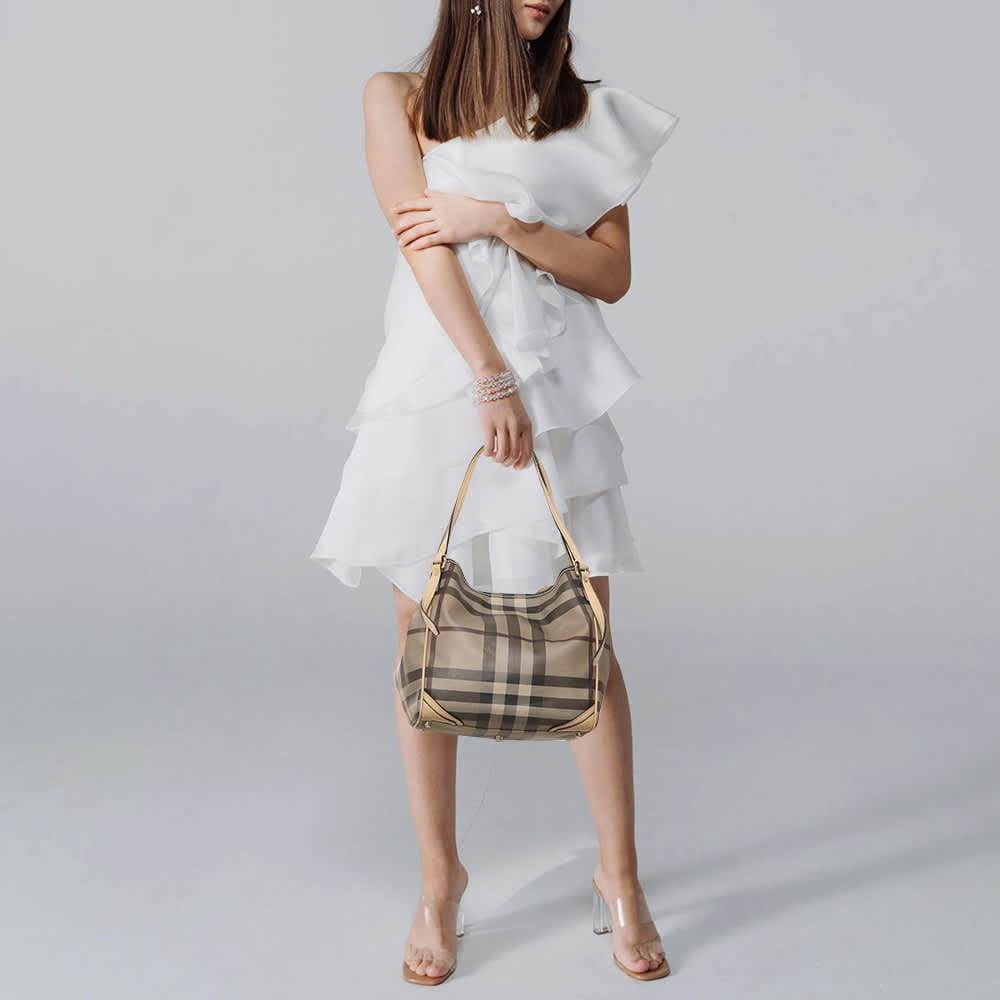 Burberry Canterbury Small Beige Smoke House Check Pvc And Leather Tote