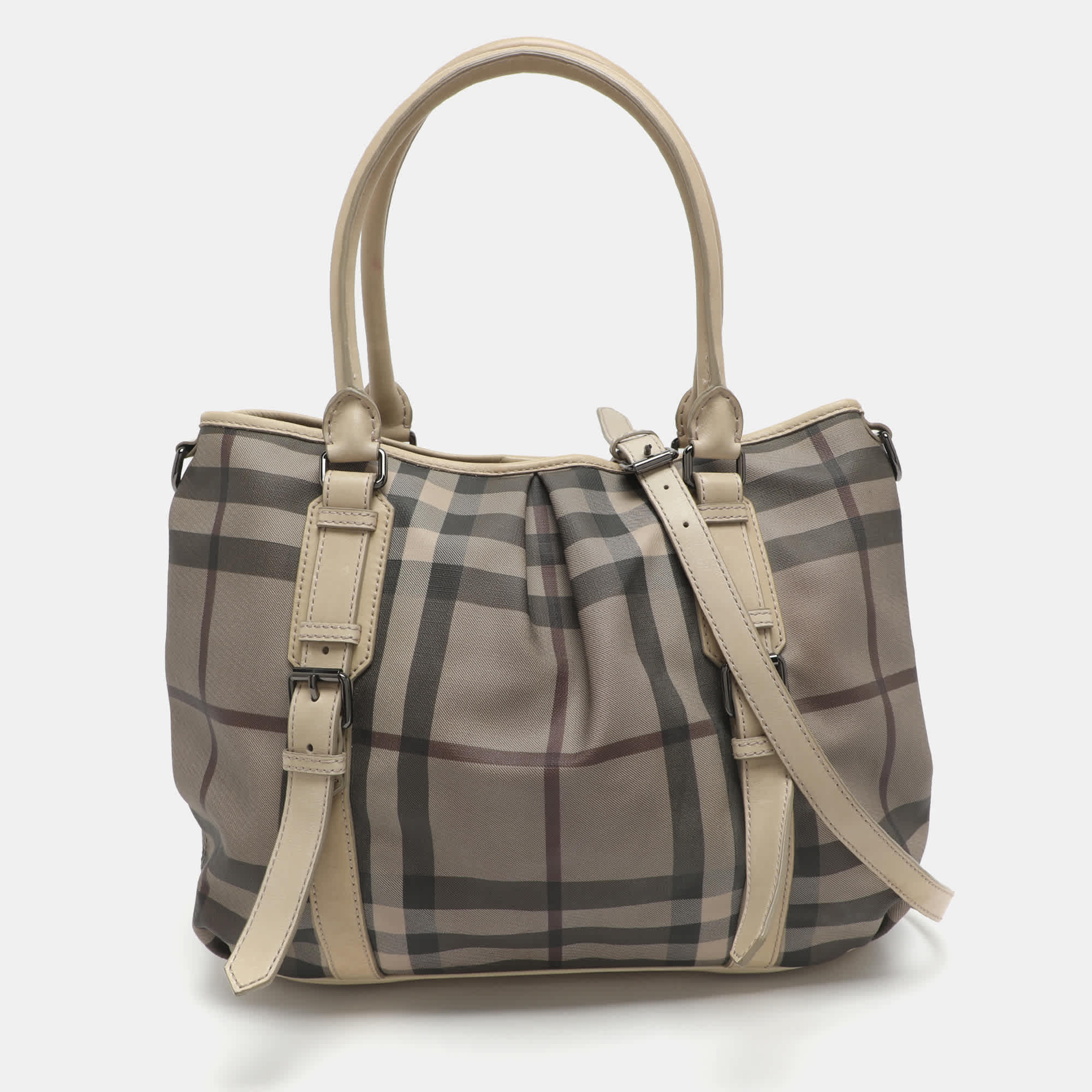 Burberry Northfield Beige/off - White Smoke Check Coated Canvas And Leather Tote