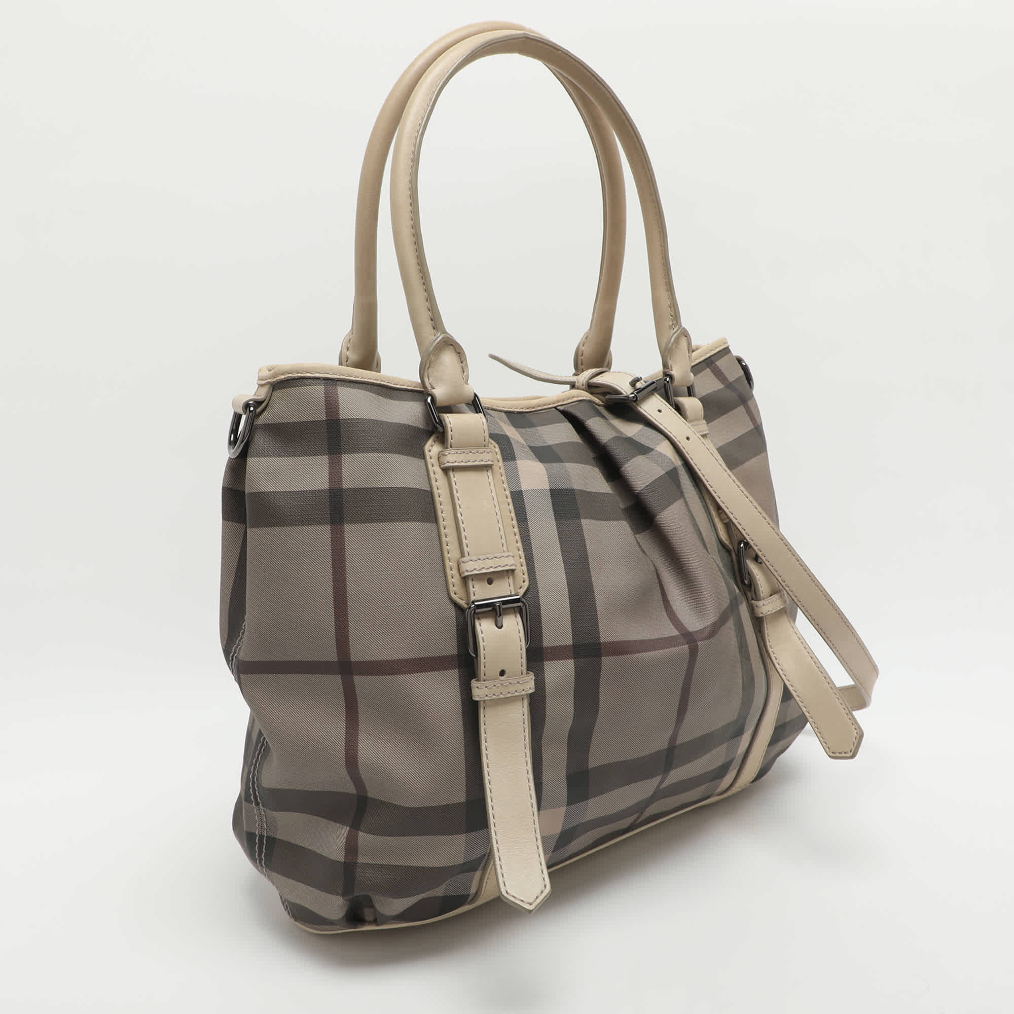 Burberry Northfield Beige/off - White Smoke Check Coated Canvas And Leather Tote