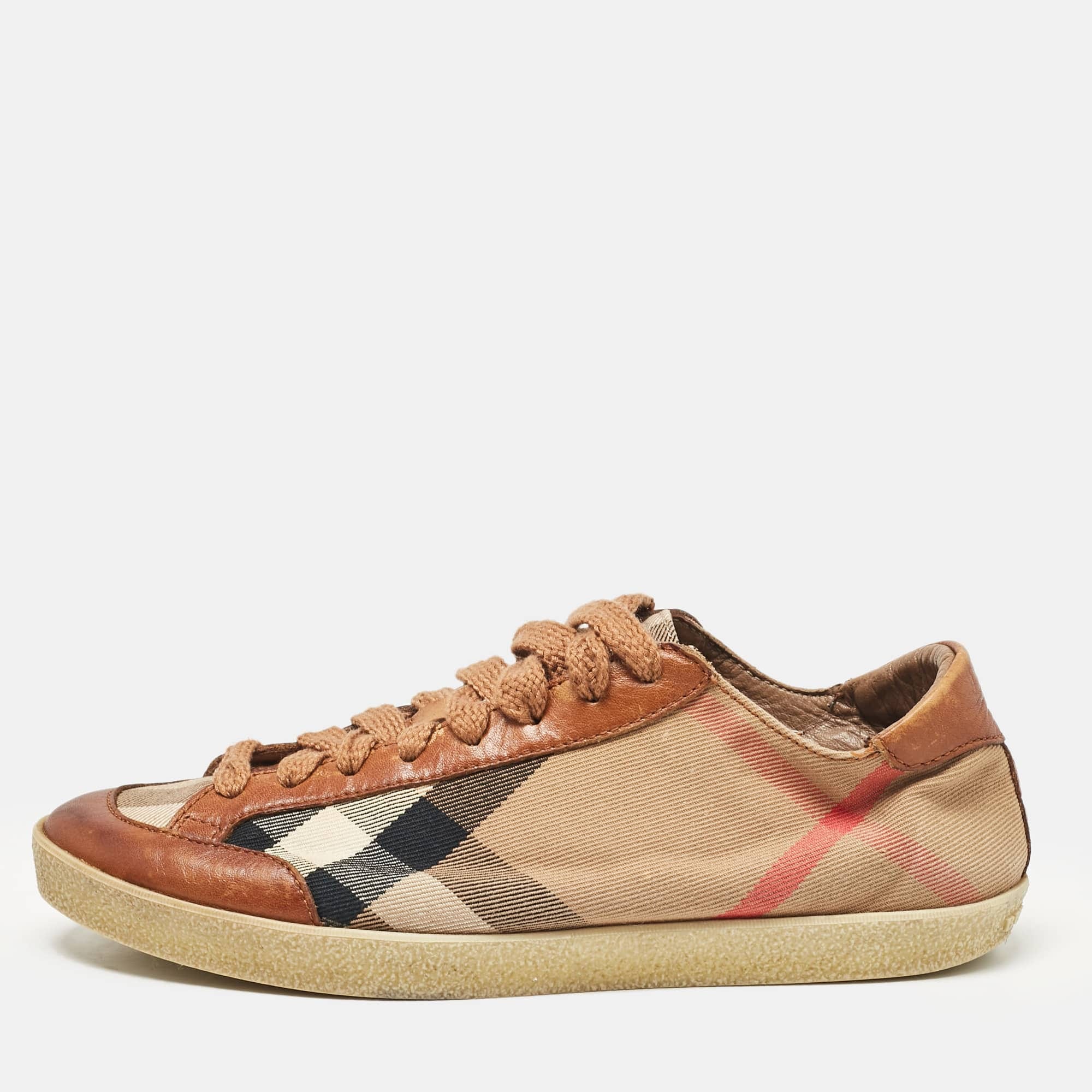 Burberry Brown/beige Canvas And Leather Low Top Sneakers