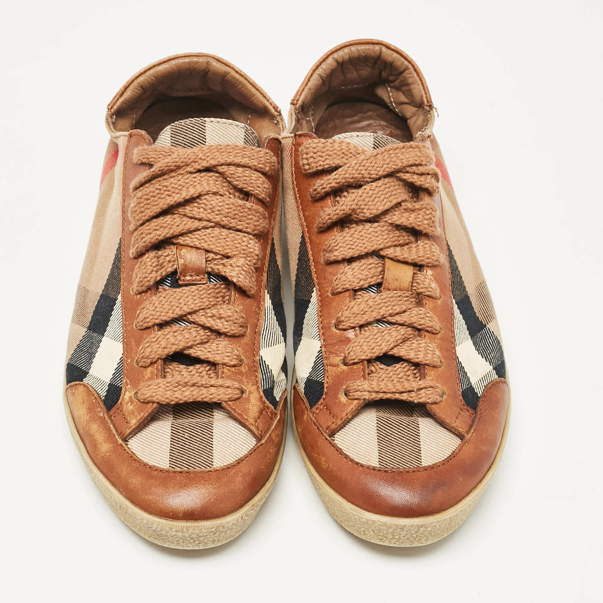 Burberry Brown/beige Canvas And Leather Low Top Sneakers