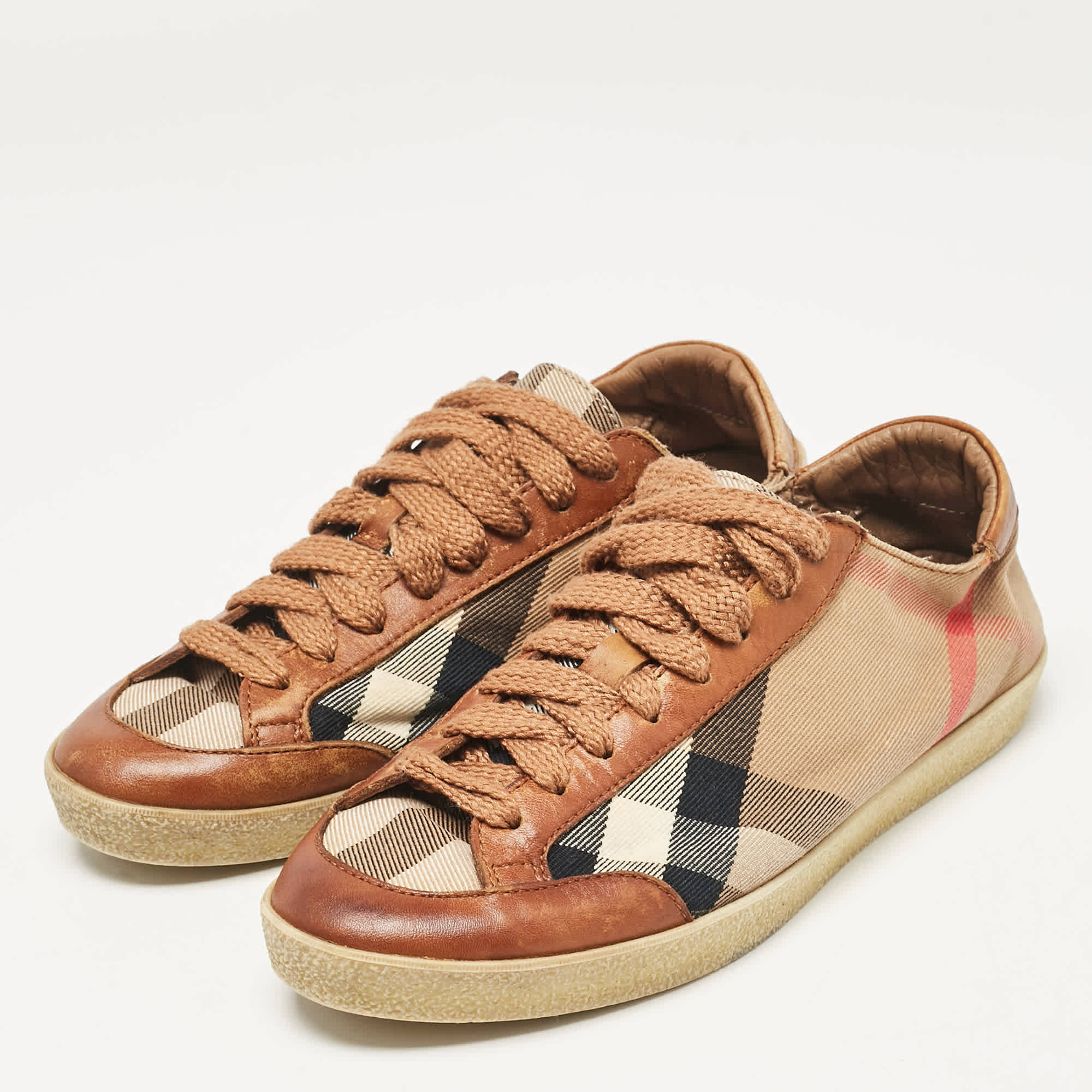Burberry Brown/beige Canvas And Leather Low Top Sneakers