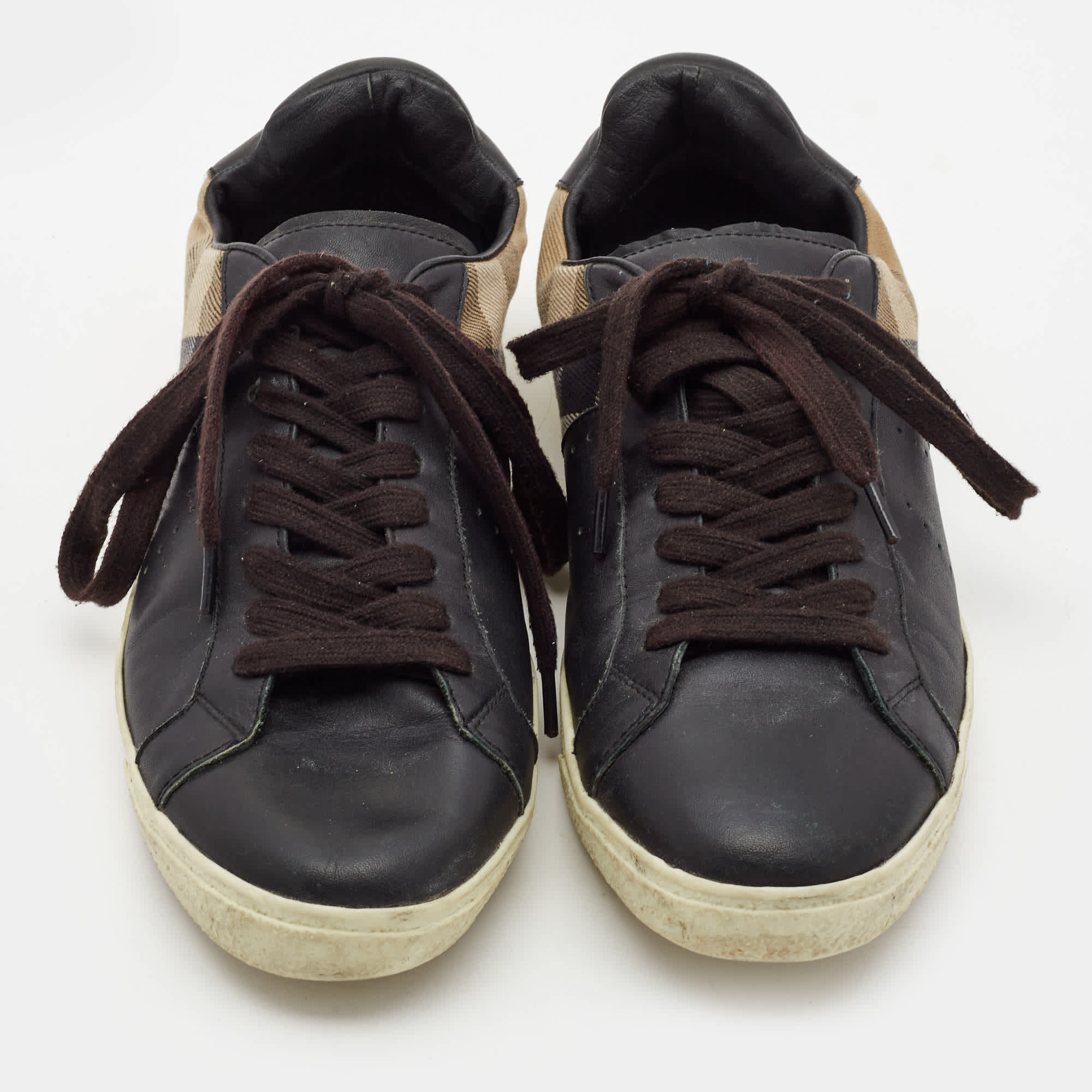 Burberry Black/beige Canvas And Leather Lace Up Sneakers