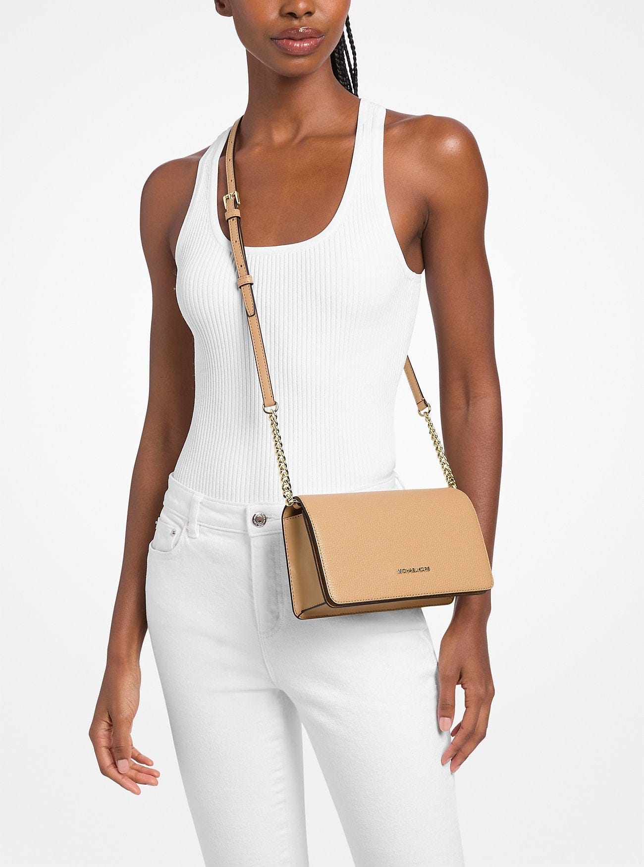 Michael Kors Jet Set Travel Medium Pebbled Leather Crossbody Bag Camel