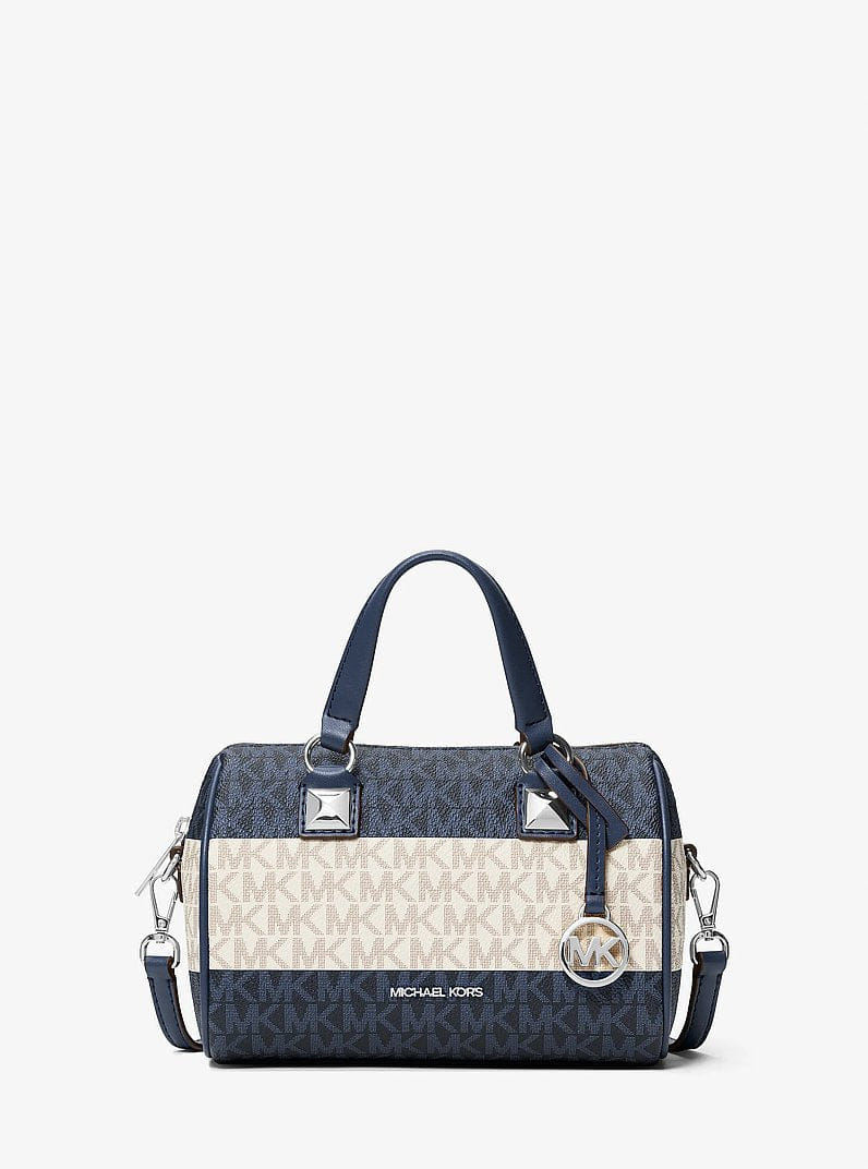 Michael Kors Grayson Small Striped Signature Logo Duffel Crossbody Bag Navy